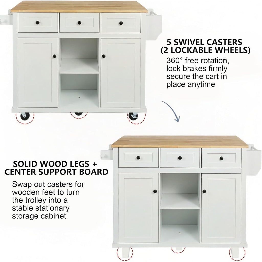 Rolling Kitchen Island with Rubber Wood Drop Leaf Countertop, Kitchen Cart on 5 Wheels with Storage Cabinet, 3 Drawers, Towel & Spice Rack, Mobile Kitchen Table for Dining Room Apartment, White