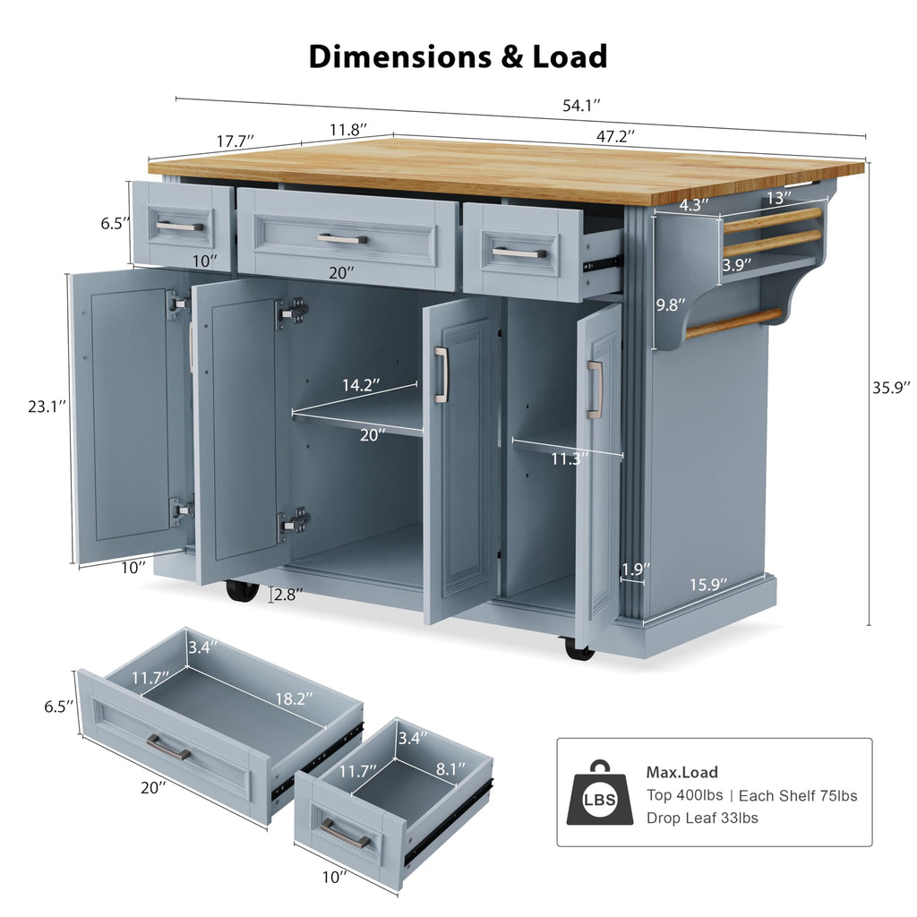 53" Large Kitchen Island with Drop Leaf & Power Outlet, Rolling Kitchen Cart on 5 Wheels with Internal Door Storage Rack, 5 Open Side Racks, 3 Drawers, 2 Doors for Kitchen Dining Room