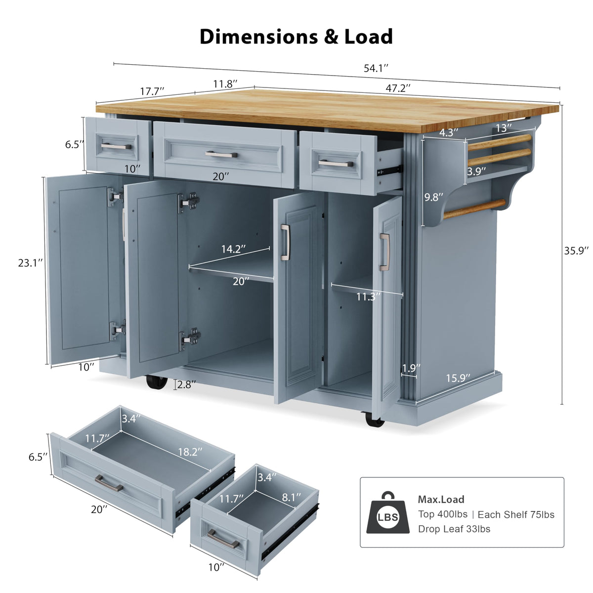 Merax 54" Large Kitchen Cart Island on Wheels with Drop Leaf,Adjustable Shelves,3 Drawers,Embossed Texture Design for Dining Room