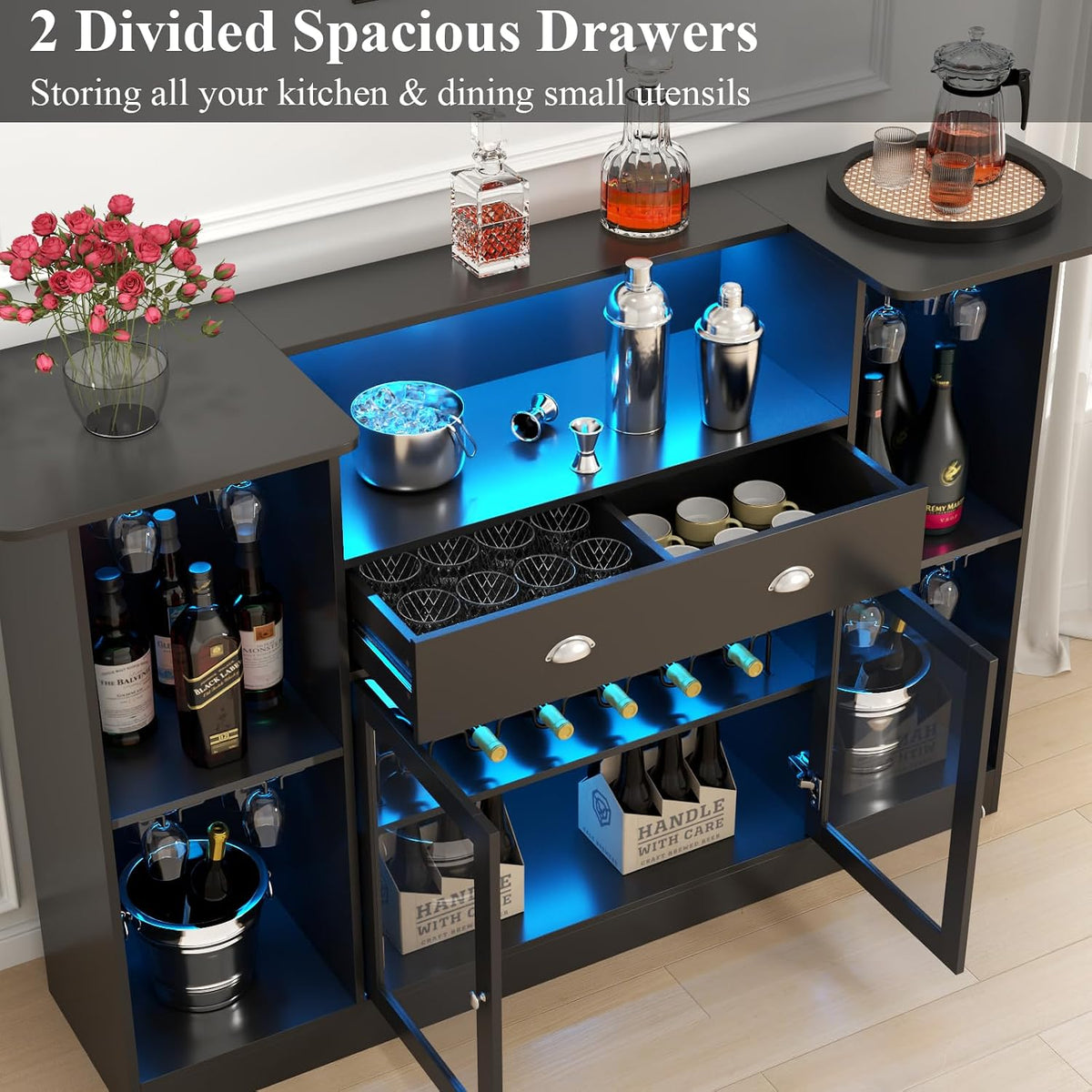 63" LED Bar Cabinet with Drawer, 8-Tier Storage & Glass Holders for Home