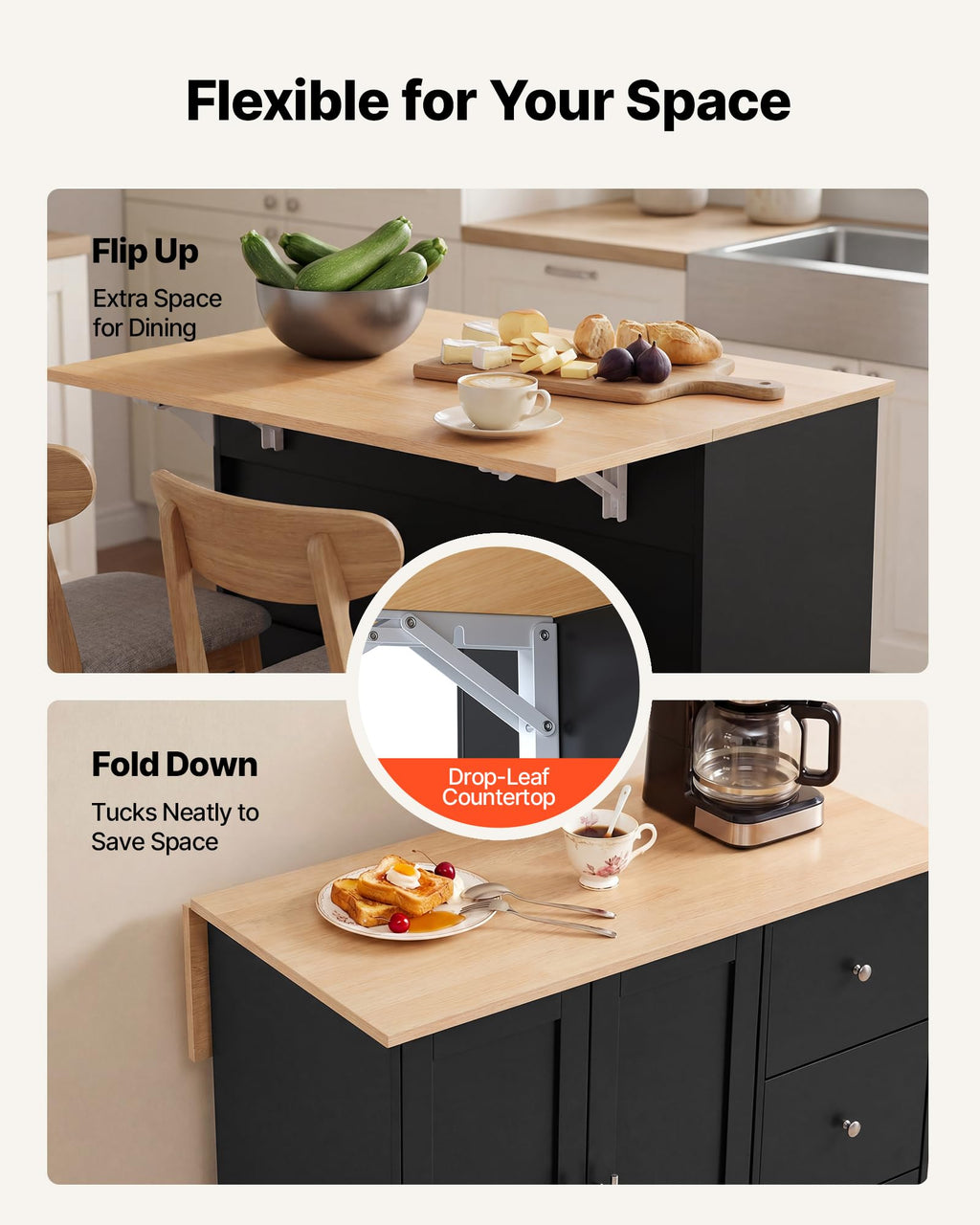 VEVOR Kitchen Island Cart with Storage, 42.28 in Wide Mobile Rolling Storage Island on Swivel Wheels, with Drawer, Storage Cabinet, Drop Leaf, Spice Rack, Table for Home Dining Room, White