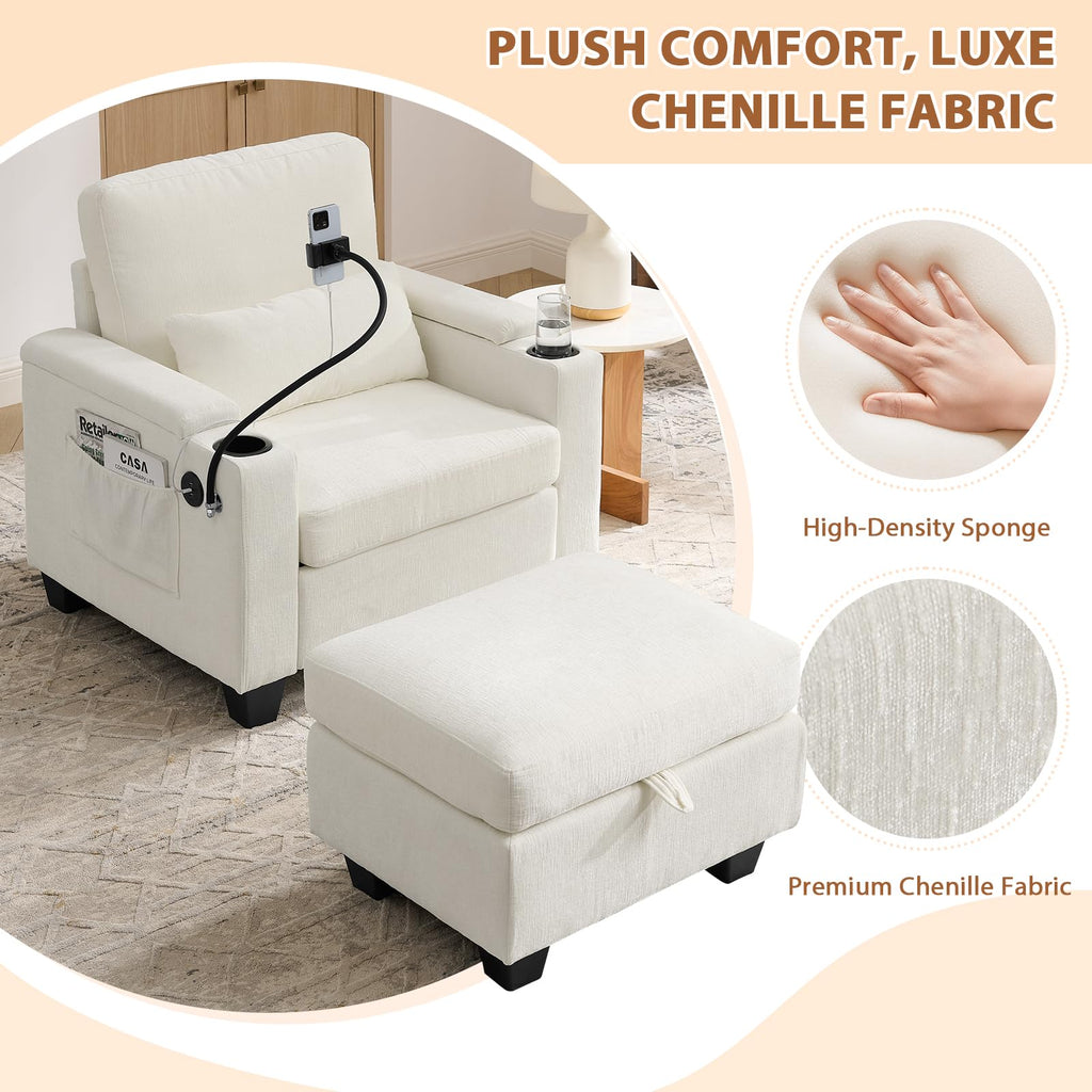 Oversized Chaise Lounge Chair Indoor, Single Convertible Recliner Reading Arm Sofa Chair W/Adjustable Backrest & Charging Port Couch Bed for Living Room, Home Theater & Bedroom, Brown