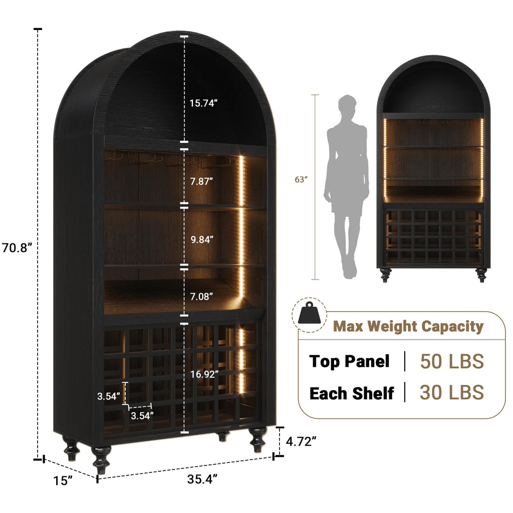 71" Tall Arched Wine Bar Cabinet with Wine Racks & Glass Holder, Wide Liquor Cabinets with LED Lights & Charing Ports, Kitchen Pantry Cupboard, Coffee Bar Storage Cabinet for Home, Dining Room (Oak)