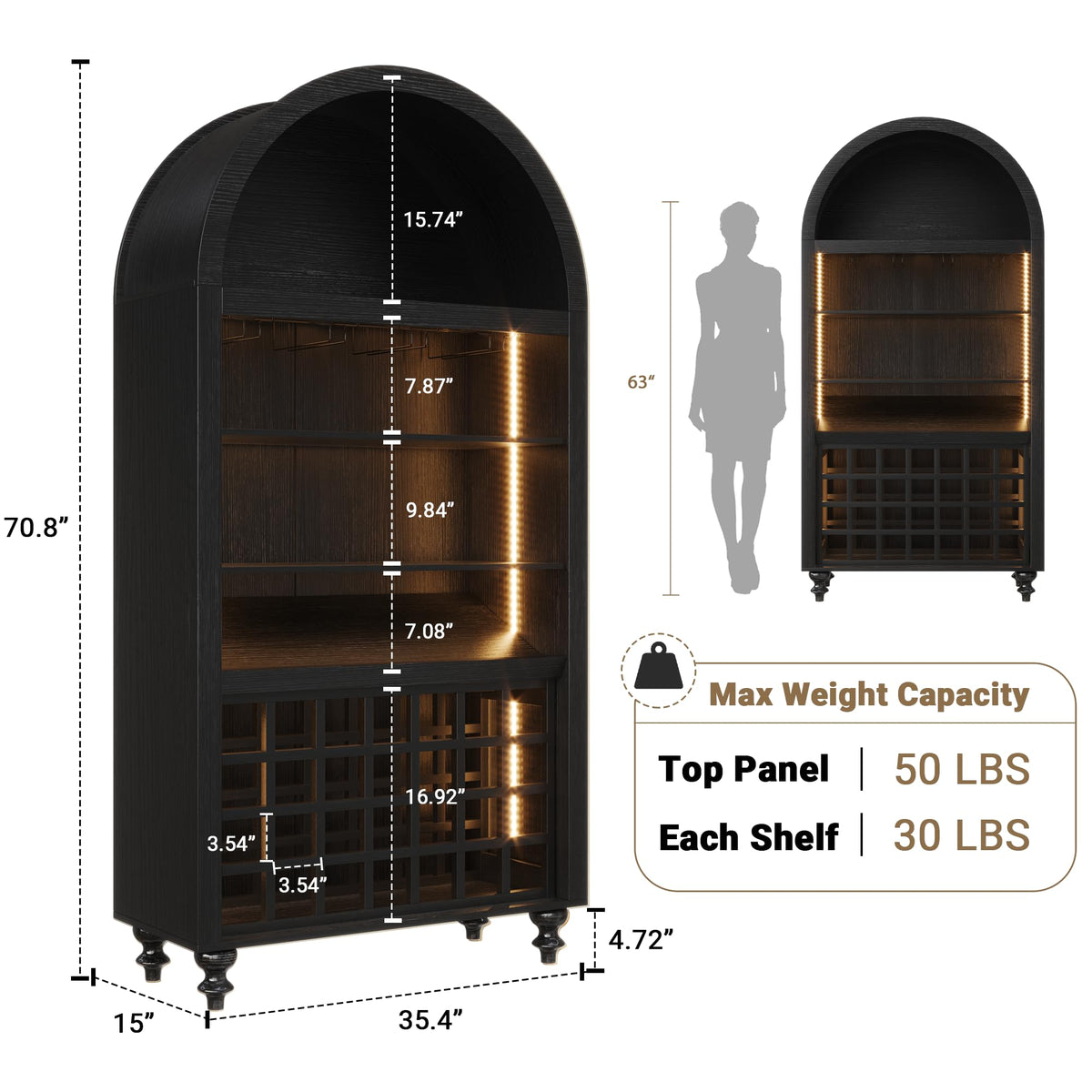 71" Tall Arched Wine Bar Cabinet with Wine Racks & Glass Holder, Wide Liquor Cabinets with LED Lights & Charing Ports, Kitchen Pantry Cupboard, Coffee Bar Storage Cabinet for Home, Dining Room (Oak)