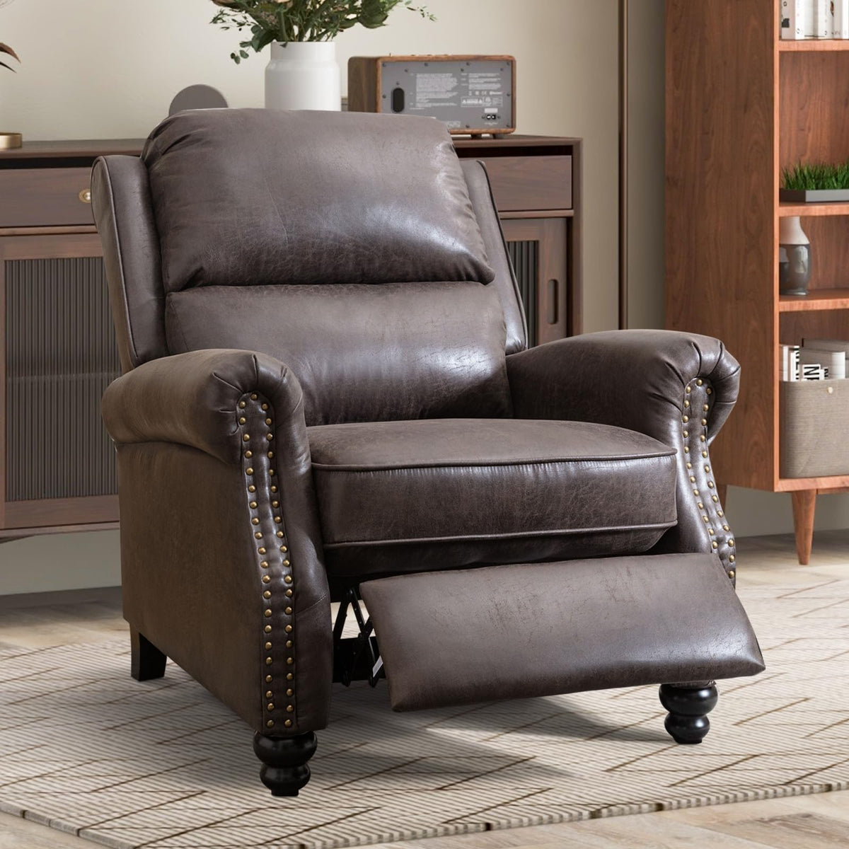 CANMOV Pushback Recliner Chair Faux Leather Armchair Push Back Recliner with Rivet Decoration Single Sofa Accent Chair for Living Room, Chocolate