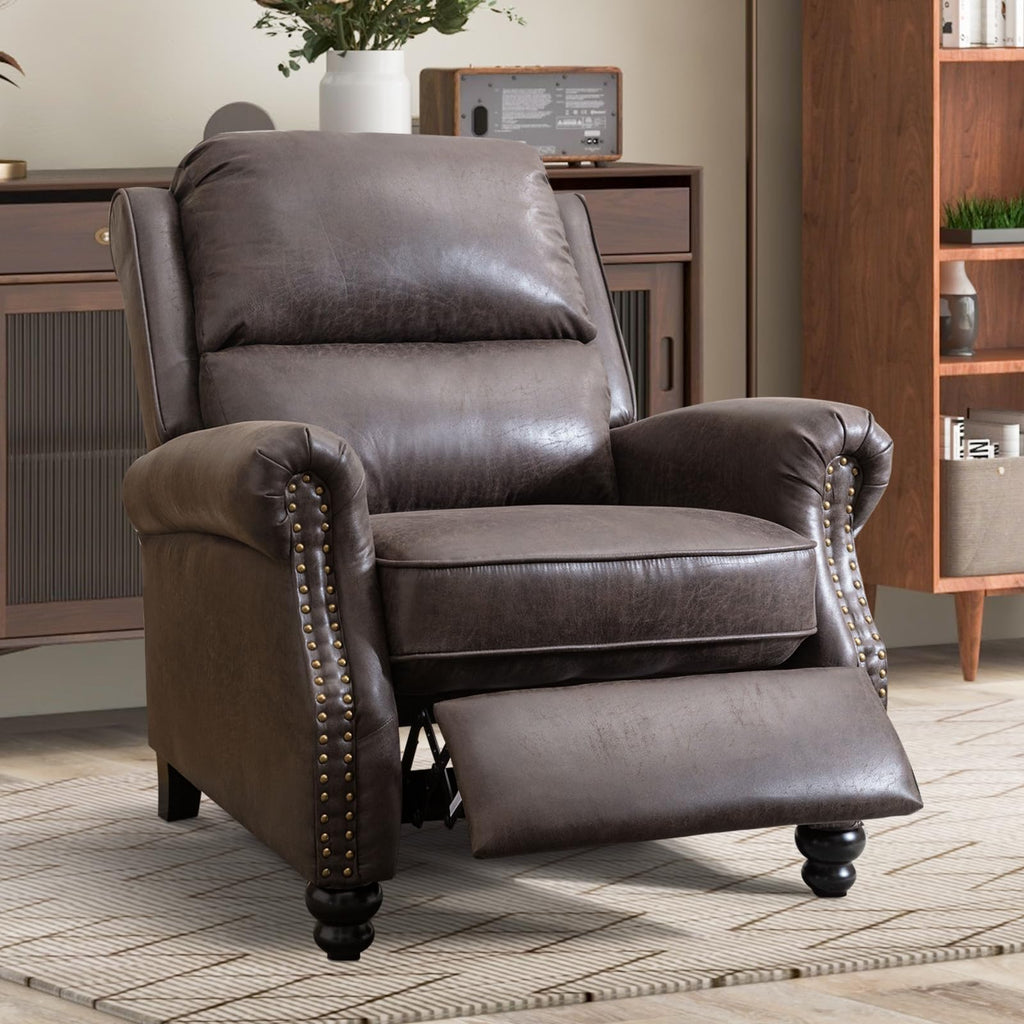 CANMOV Pushback Recliner Chair Faux Leather Armchair Push Back Recliner with Rivet Decoration Single Sofa Accent Chair for Living Room, Chocolate