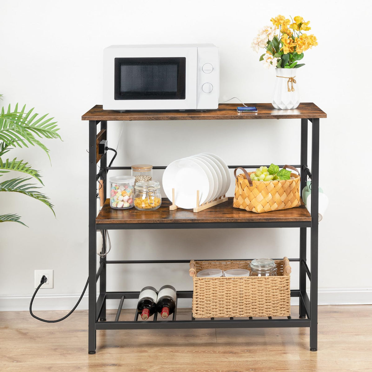 HOOBRO Kitchen Island with Storage, Kitchen Island Table with Power Outlet, 47.2" L 3 Tier Kitchen Counter and Microwave Stand, for Home, Kitchen and Dining Room, Rustic Brown and Black BF120UZD01