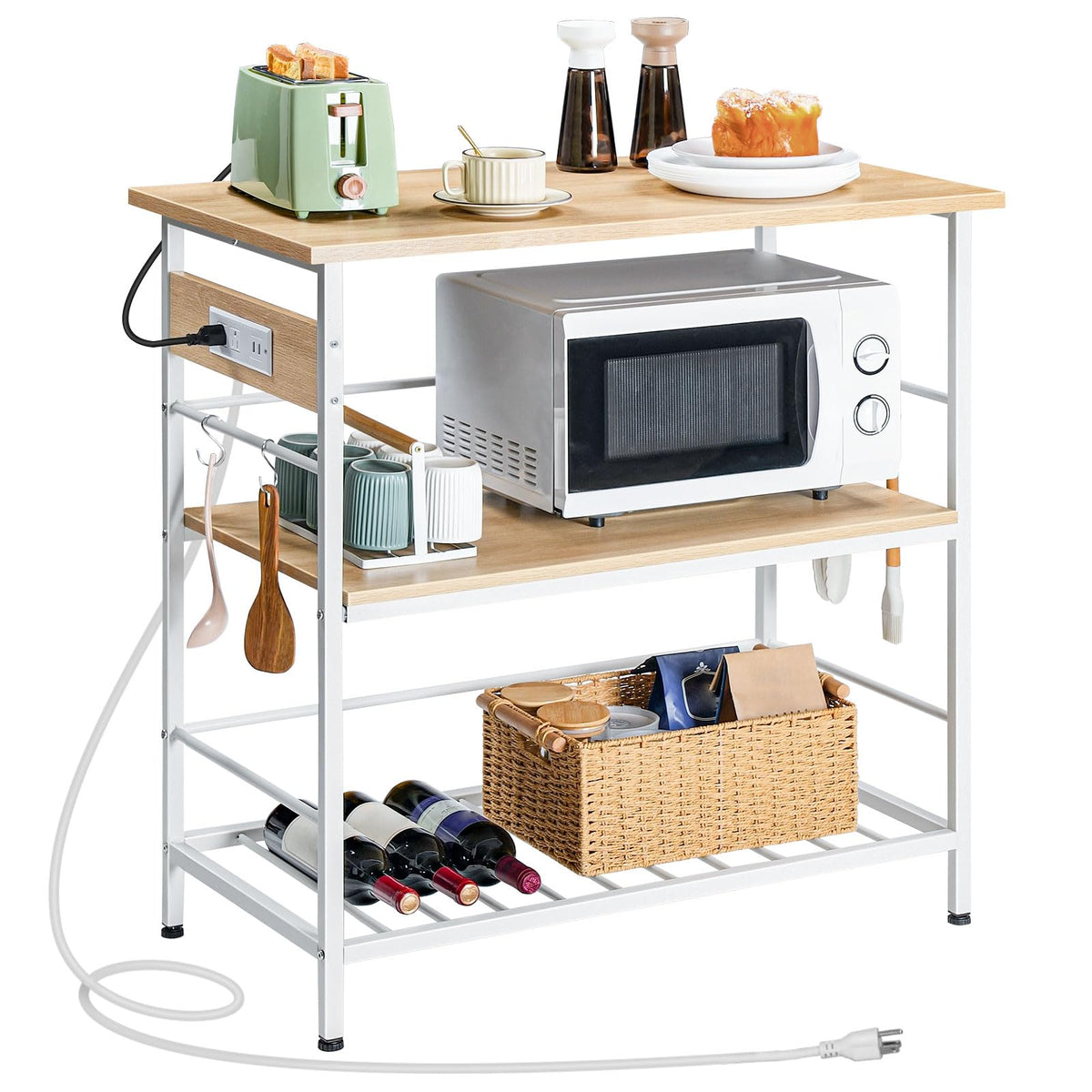 HOOBRO Kitchen Island with Storage, Kitchen Island Table with Power Outlet, 47.2" L 3 Tier Kitchen Counter and Microwave Stand, for Home, Kitchen and Dining Room, Rustic Brown and Black BF120UZD01