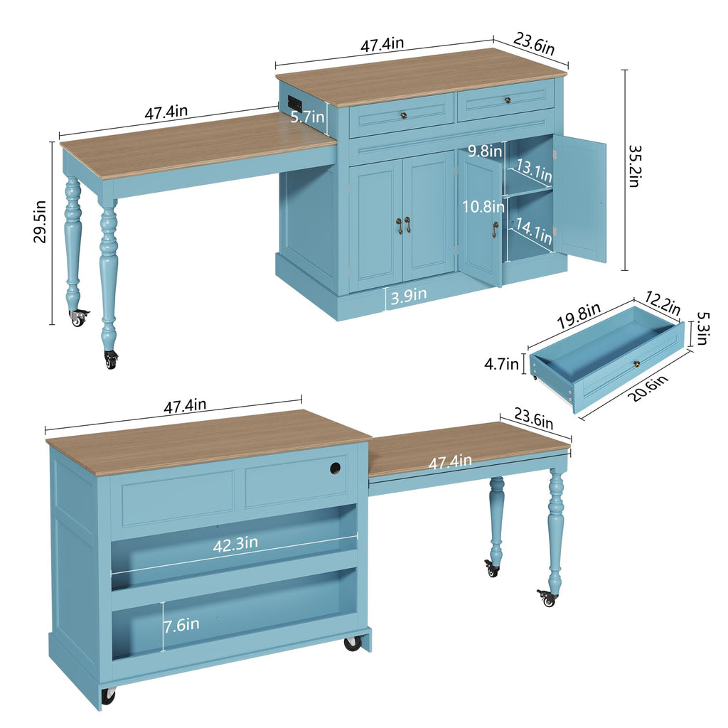 HLR 94.8" Kitchen Island with Extendable Table & Power Outlet, White