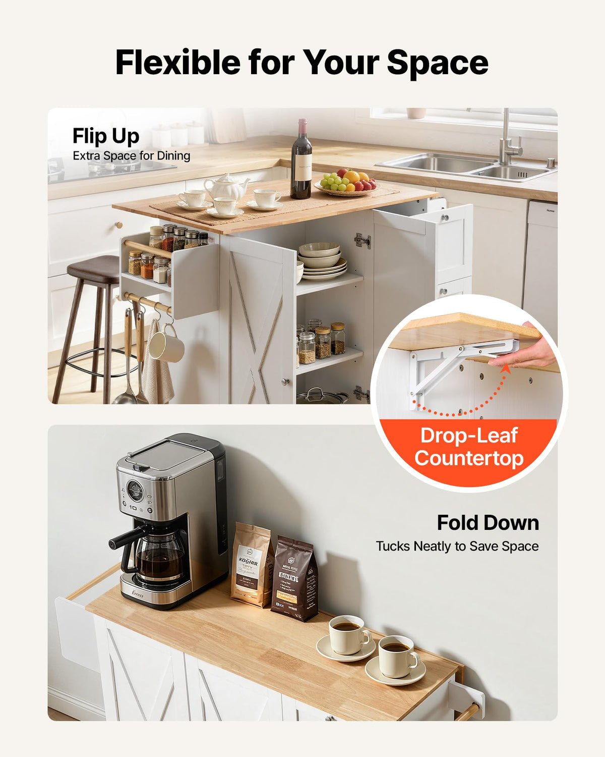 VEVOR Kitchen Island Cart with Storage, 47.64 in Wide Mobile Rolling Storage Island on Swivel Wheels, with 2 Drawers, Storage Cabinet, Drop Leaf, Towel Rack, Table for Home Dining Room, White