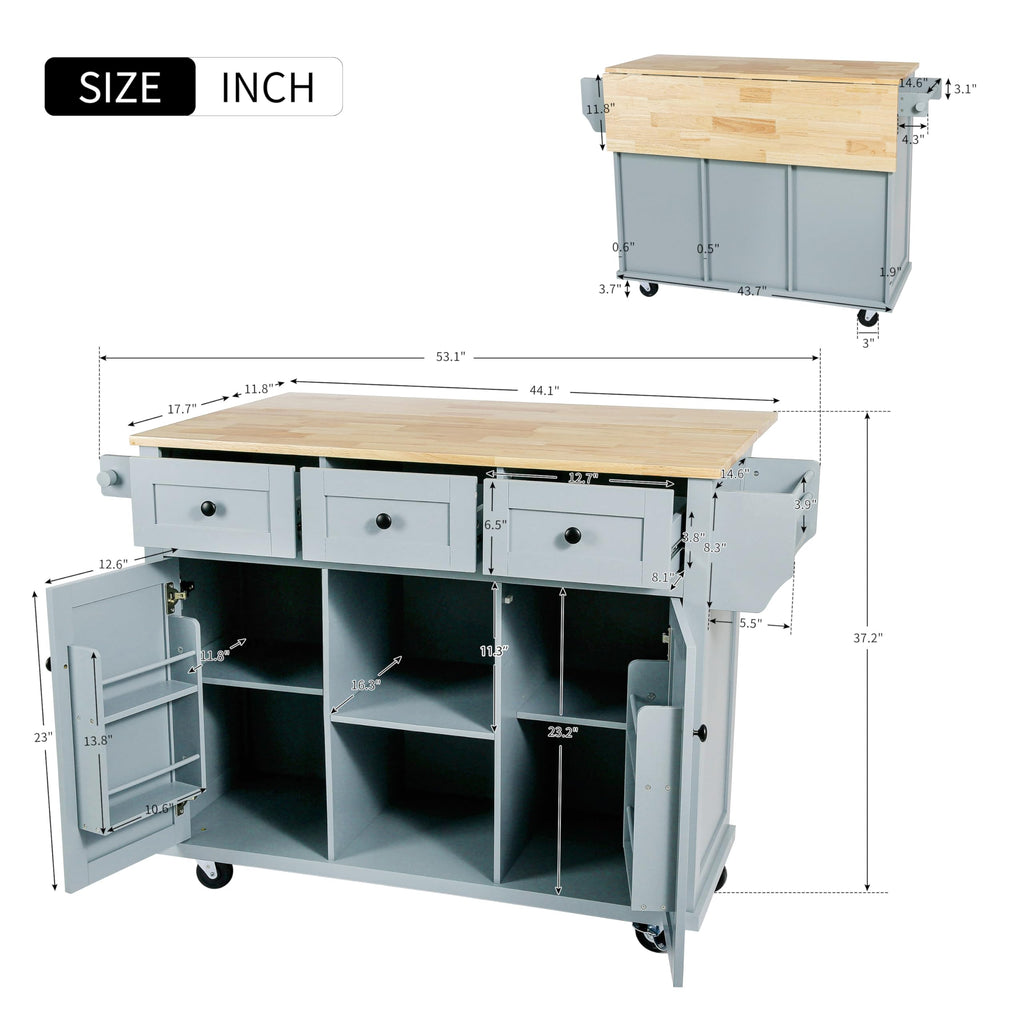Large Kitchen Island with Rubber Wood Drop Leaf and Silver Handle