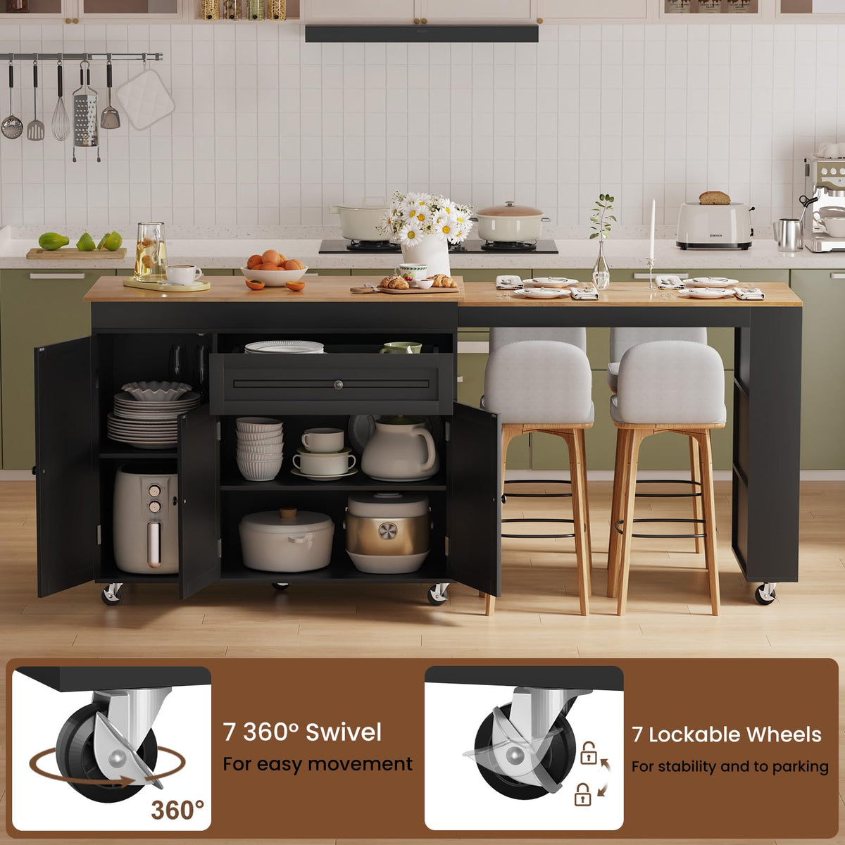 Expandable Kitchen Island with Storage Drawer and Wheels, White