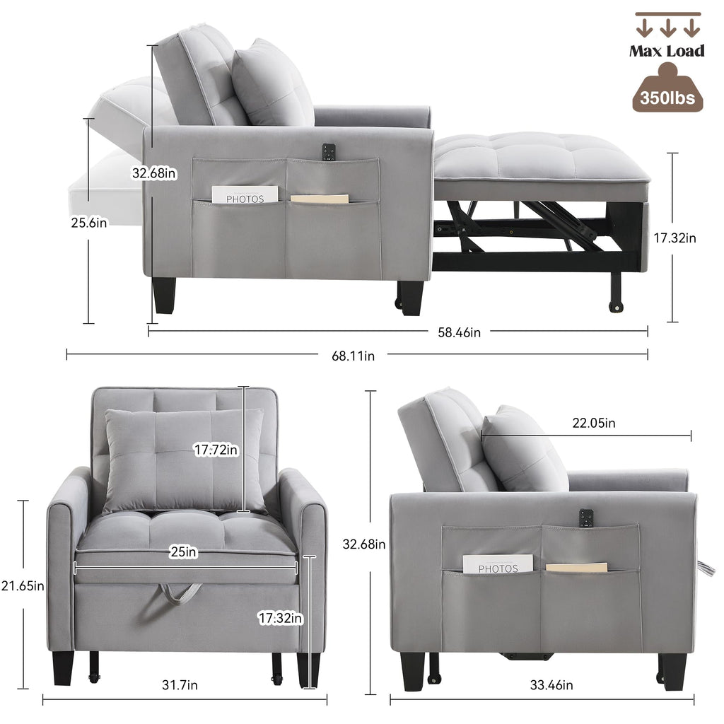Convertible Sleeper Chair, 3 in 1 Sleeper Chair Bed Pull Out Sofa Bed Chairs, Single Sofa with Adjustable Backrest for Adults Reading Living Room, Bedroom, Black