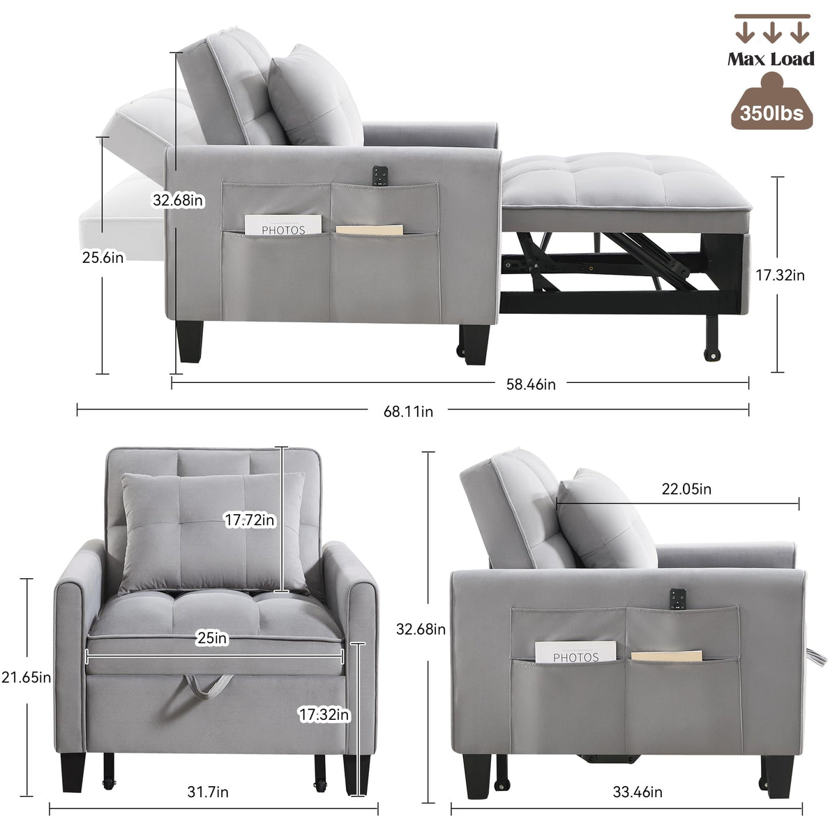 Convertible Sleeper Chair, 3 in 1 Sleeper Chair Bed Pull Out Sofa Bed Chairs, Single Sofa with Adjustable Backrest for Adults Reading Living Room, Bedroom, Black