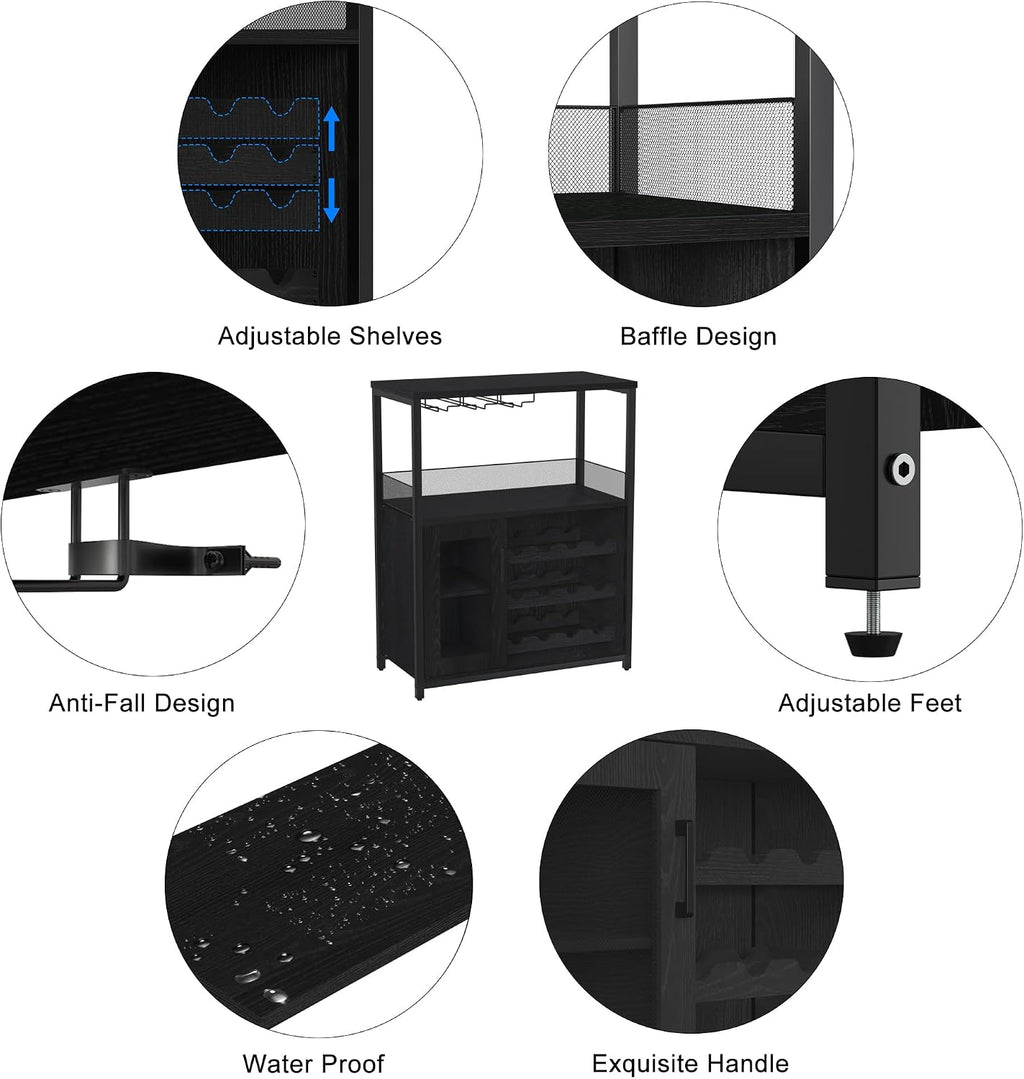 Wine Bar Cabinet, 3-Tier Detachable Wine Rack, Stemware Glass Holder, Mesh Door & Storage Shelves, Liquor Storage Buffet Sideboard for Kitchen, Dining Room, Living Room or Home Bar - Black