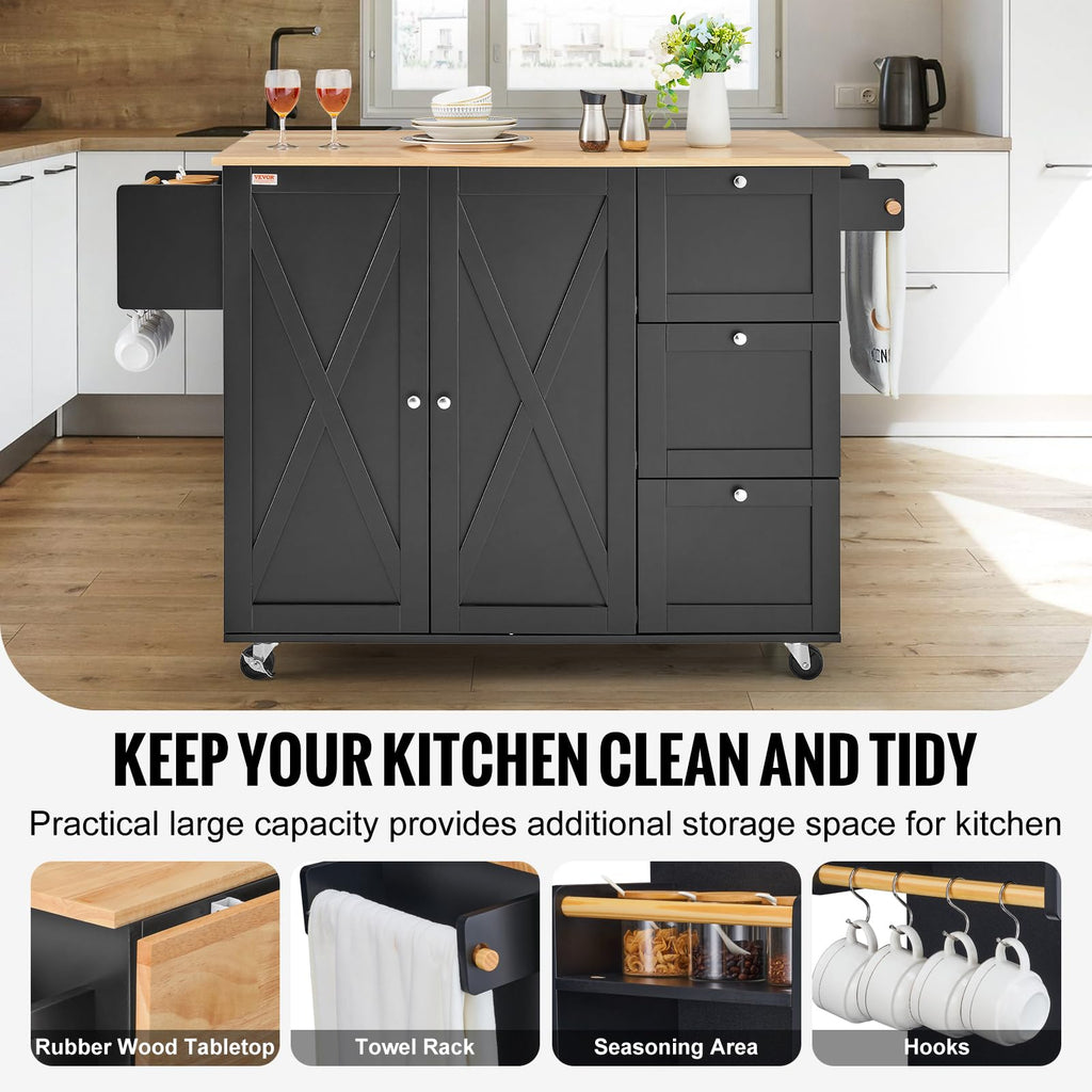 VEVOR Kitchen Island Cart with Storage, 47.64 in Wide Mobile Rolling Storage Island on Swivel Wheels, with 2 Drawers, Storage Cabinet, Drop Leaf, Towel Rack, Table for Home Dining Room, White