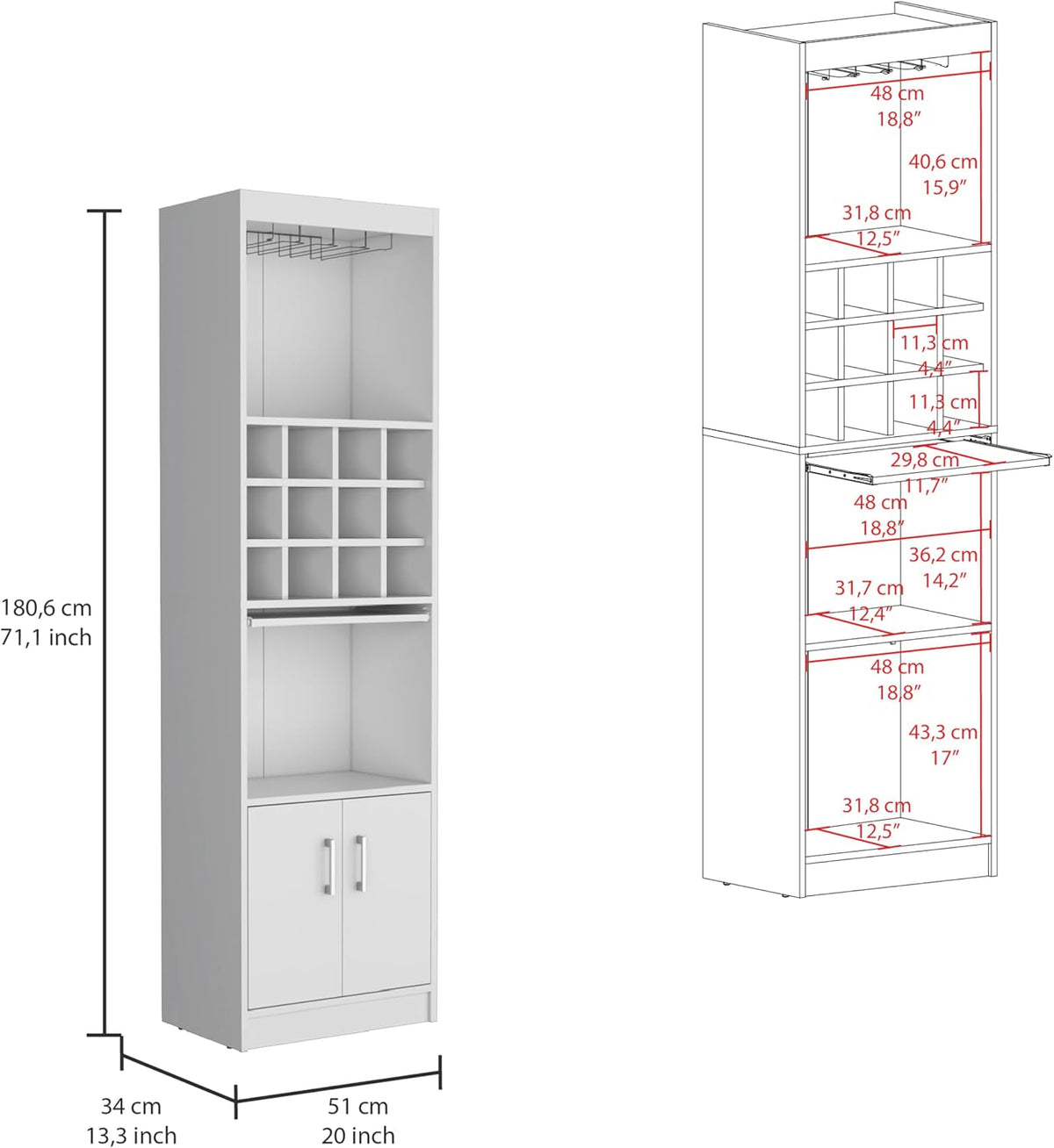 71" Modern Tall Bar Cabinet with 2 Doors Cabinet, 5-Tier Bistro Organizer with 12-Bottle Wine Rack & 12 Stemware Slots, Versatile Liquor Cabinets with Pull-Out Tray for Bar Kitchen Living Room,White