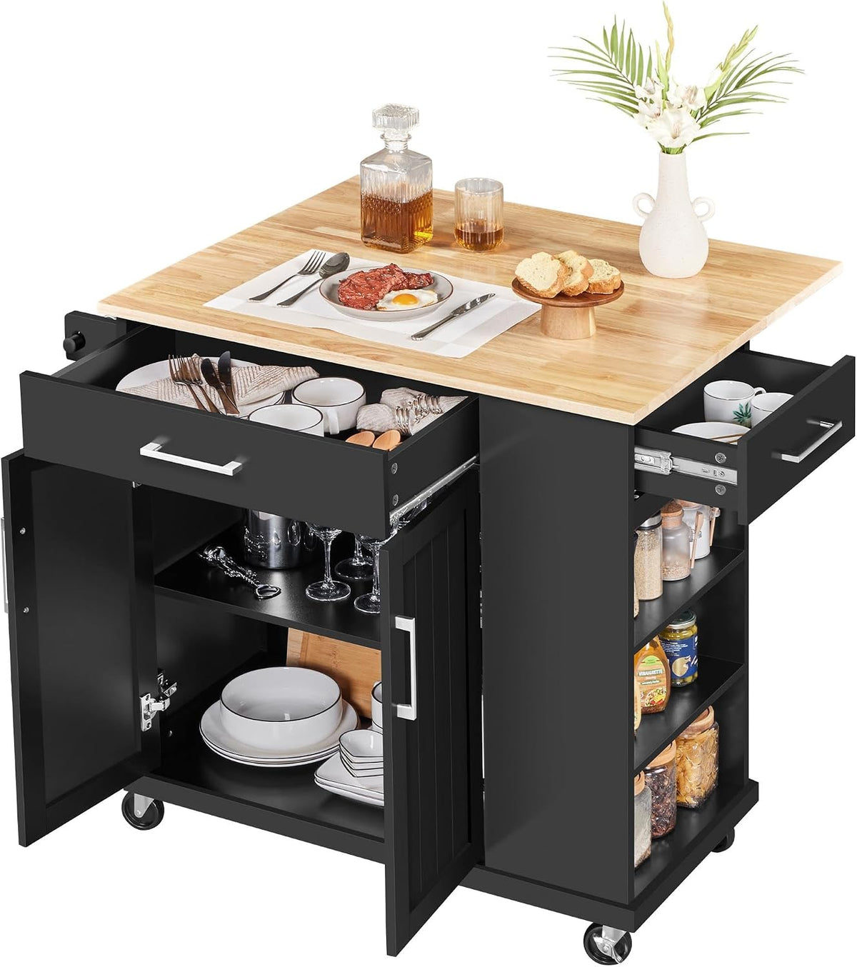Yaheetech Kitchen Island Cart with Storage, Drop Leaf, Open Shelves, Black