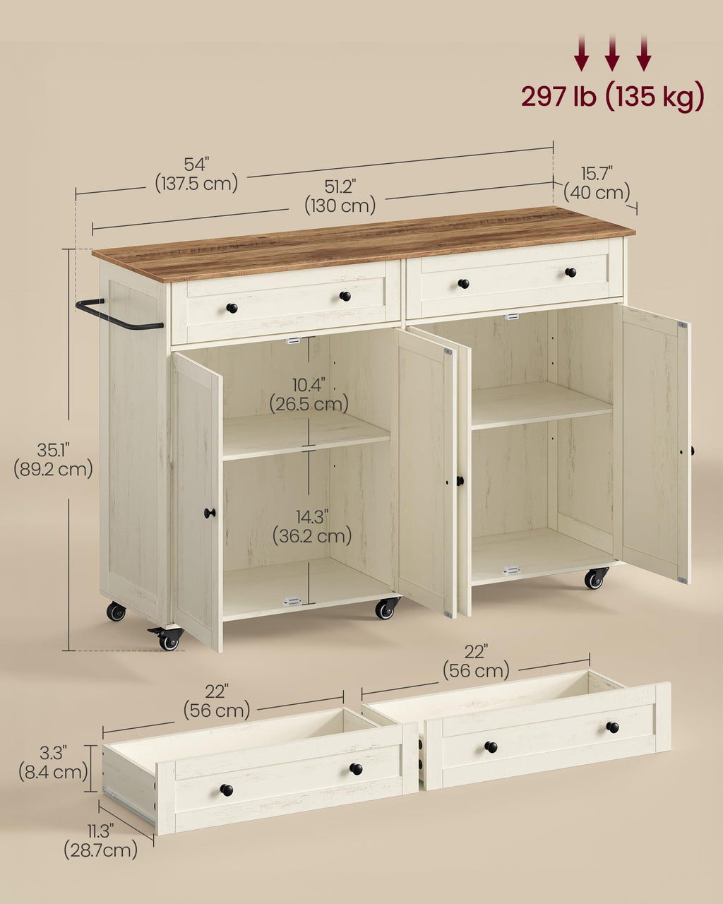 VASAGLE Mobile Kitchen Wooden Island Cart with Storage for Dining Room