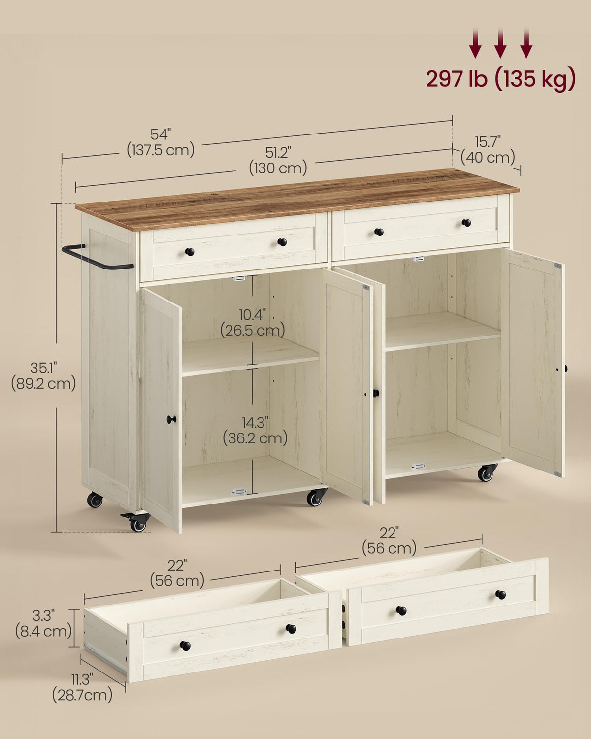 VASAGLE Mobile Kitchen Wooden Island Cart with Storage for Dining Room