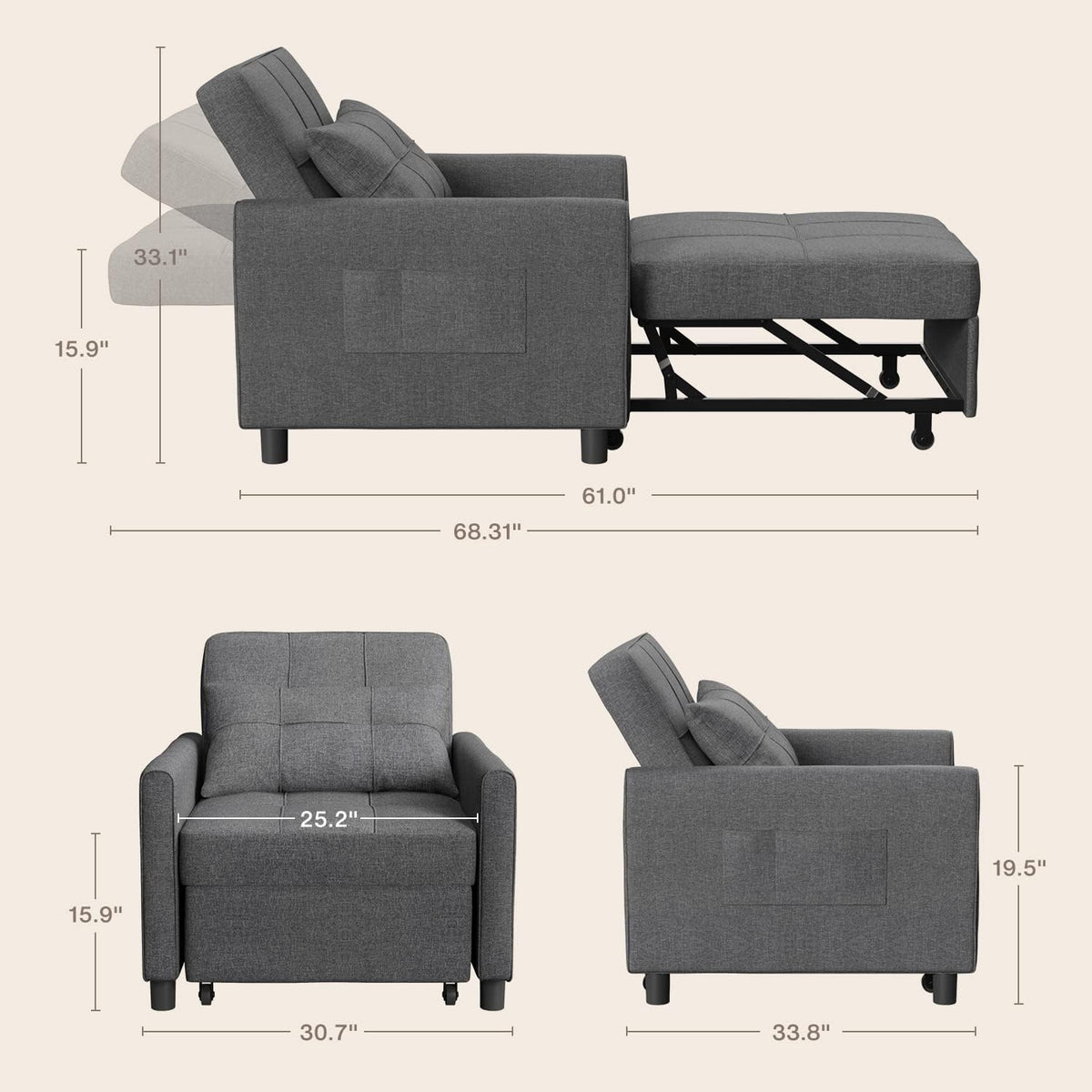 Aiho 3-in-1 Sleeper Chair Bed Convertible Sofa, Dark Gray