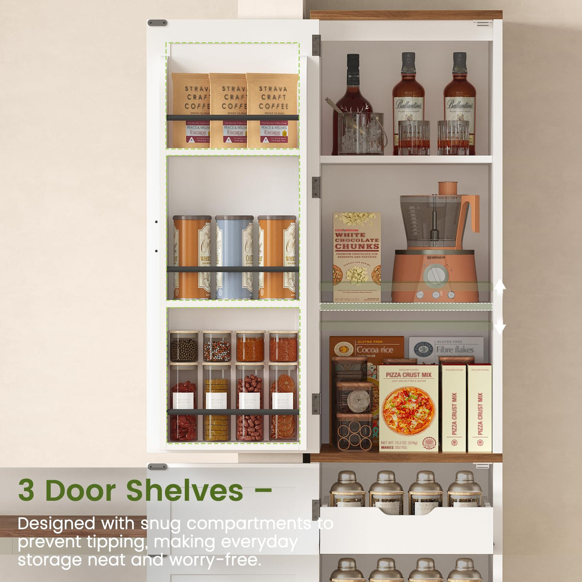 Itaar 71" Kitchen Pantry Cabinet with Charging Station and Led Light, Kitchen Storage Cabinets with Microwave Stand, 59" Wide Pantry Storage Cabinet with Storage Cart 3 Tier for Dining Room, White
