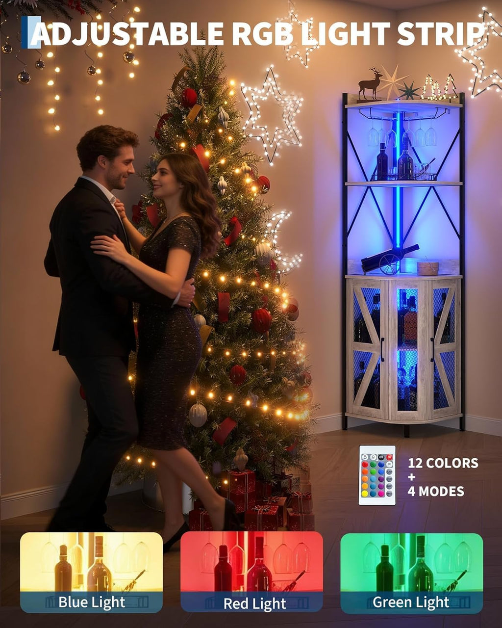 Garvee 72-Inch Industrial Corner Wine Cabinet with Built-in Power Outlet and LED Strip, Mesh Door Liquor Storage with Glass Holder, 5-Tier Bar Display Unit for Home or Small Space, Sturdy Metal Frame