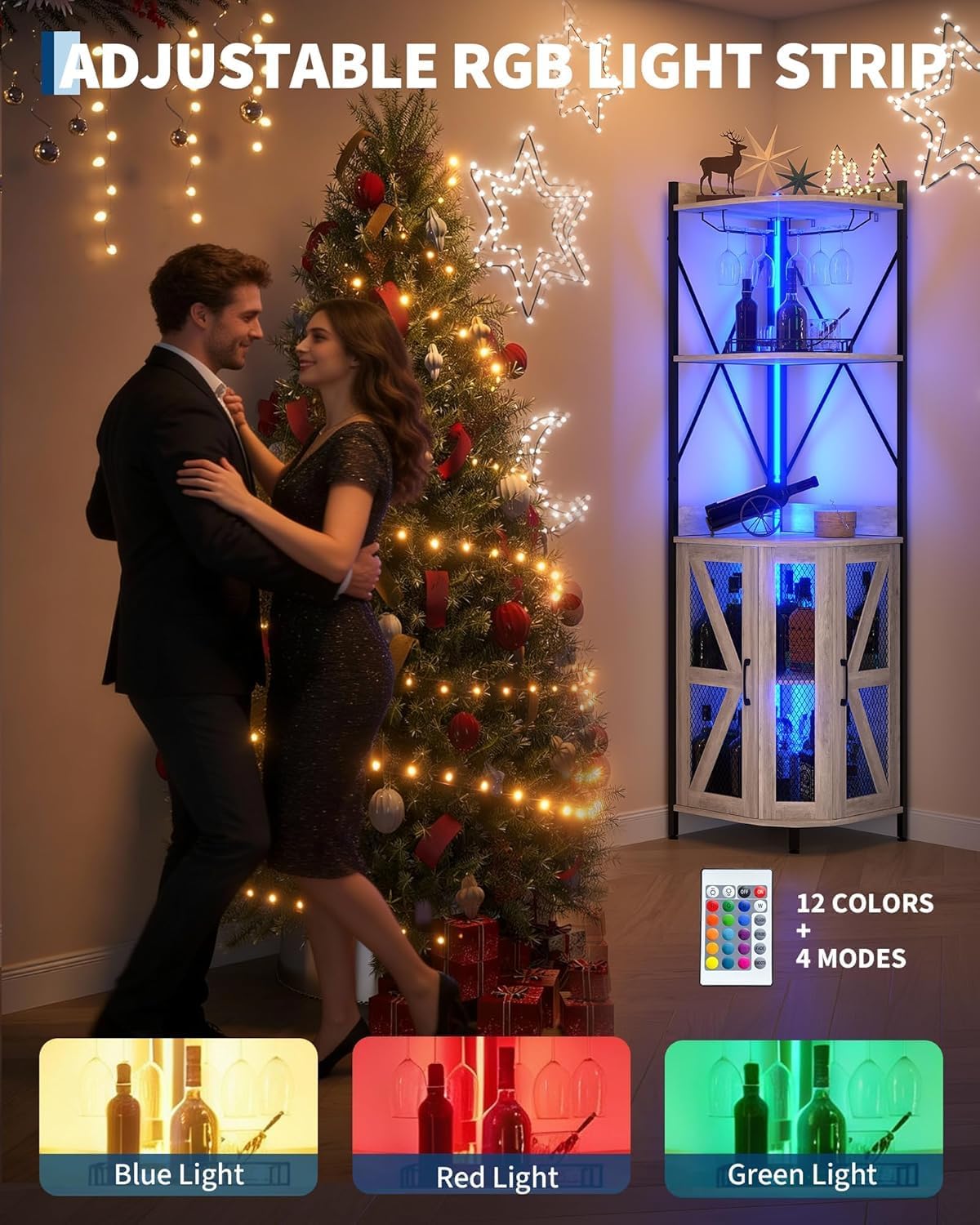 Garvee 72-Inch Industrial Corner Wine Cabinet with Built-in Power Outlet and LED Strip, Mesh Door Liquor Storage with Glass Holder, 5-Tier Bar Display Unit for Home or Small Space, Sturdy Metal Frame