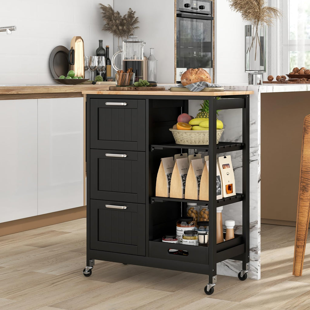 GIANTEX Kitchen Island Cart on Wheels, Rolling Utility Cart w/Rubber Wood Top, 3 Storage Drawers & 2 Removable Shelves & Removable Tray, Lockable Casters, Serving Cart for Dining Room, Bar, White