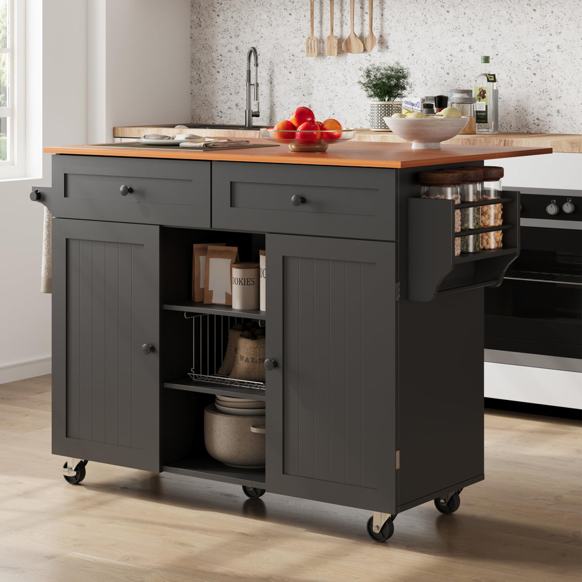 Furnify Kitchen Island with Wheels & Drawers, Kitchen Island Cart, White