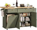 ONBRILL 60" Kitchen Island with Trash Can Storage, Rolling Island Table