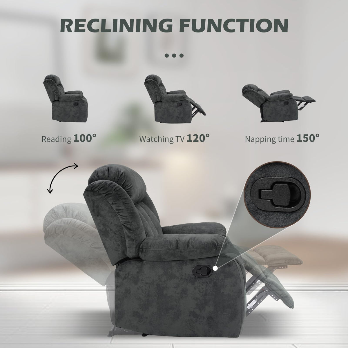 INZOY Manual Recliner Chair with Padded Armrest, Wall-Hugger Single Sofa Recliners with Overstuffed Back, Classical Fabric Reclining Chairs for Living Room Theater Seating, Brown