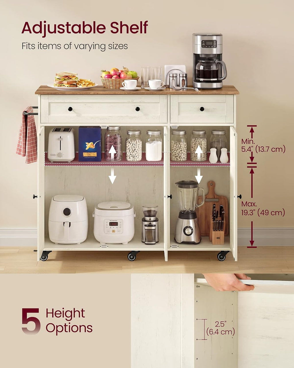 VASAGLE Mobile Kitchen Wooden Island Cart with Storage for Dining Room