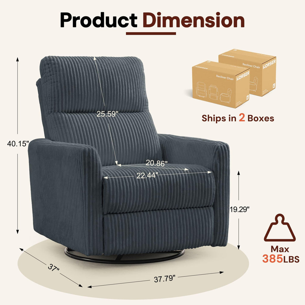 Korser 360Â° Swivel Glider Rocker Manual Recliner, High Back Corduroy Recliner with Curved Armrests, Beige Nursery Rocking Reclining Chair for Living Room Bedroom Adults