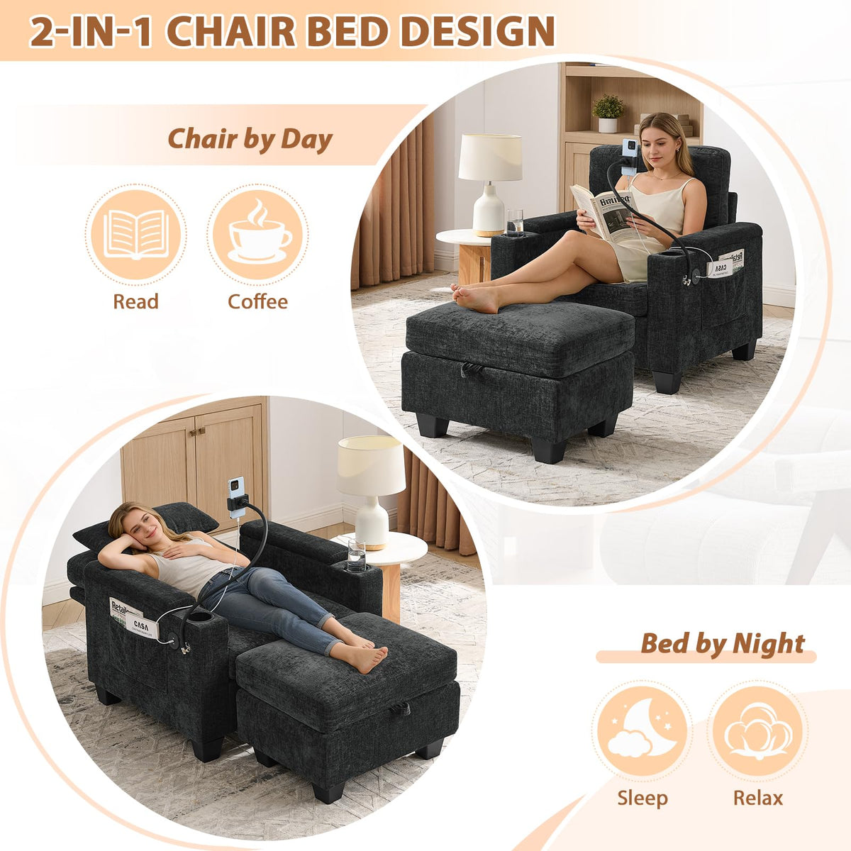Oversized Chaise Lounge Chair Indoor, Single Convertible Recliner Reading Arm Sofa Chair W/Adjustable Backrest & Charging Port Couch Bed for Living Room, Home Theater & Bedroom, Brown
