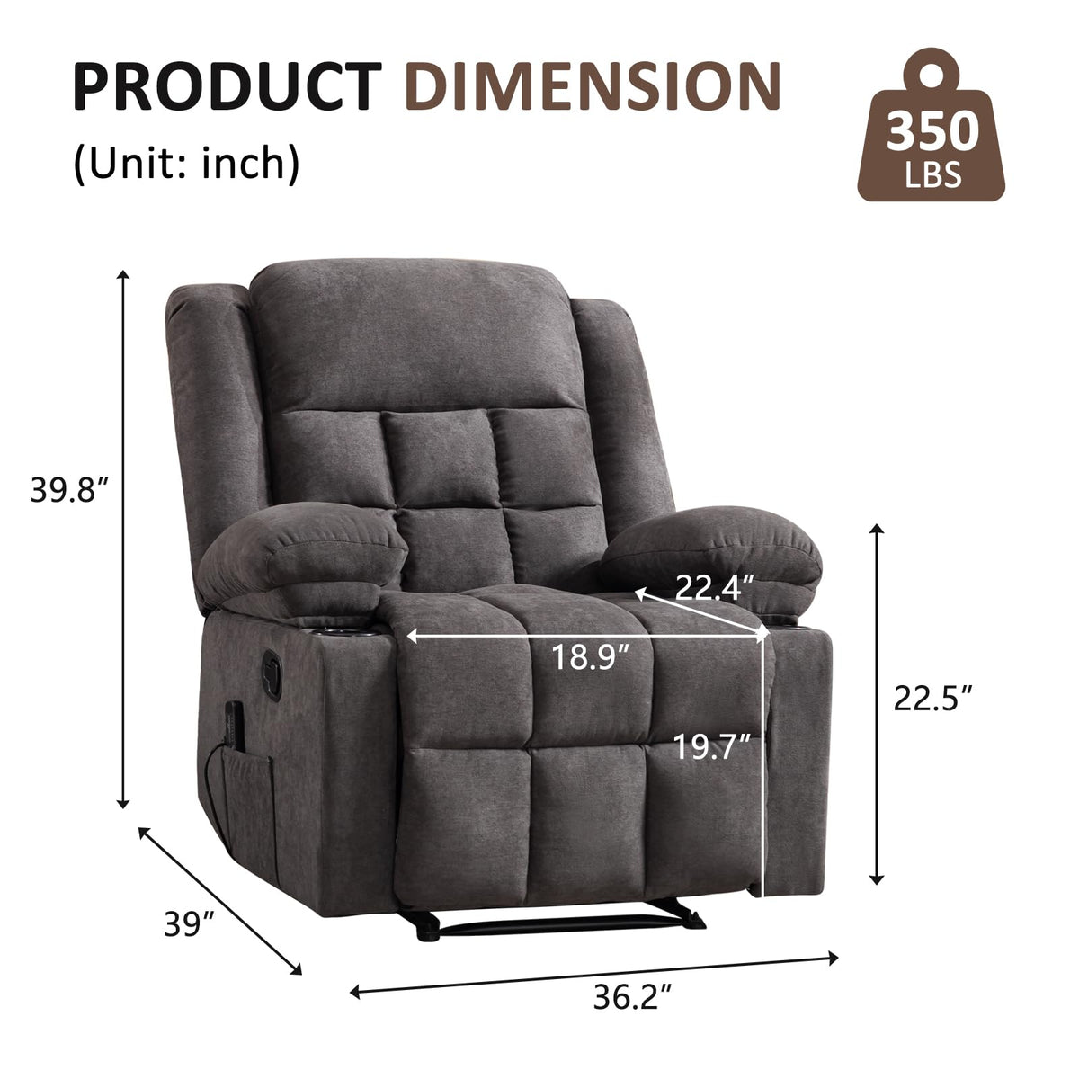 EBELLO Manual Recliner Chair for Adults with Vibration Massage and Lumbar Heating, Soft Fabric Recliner Single Sofa with Side Pocket and Two Cup Holders for Living Room, Grey
