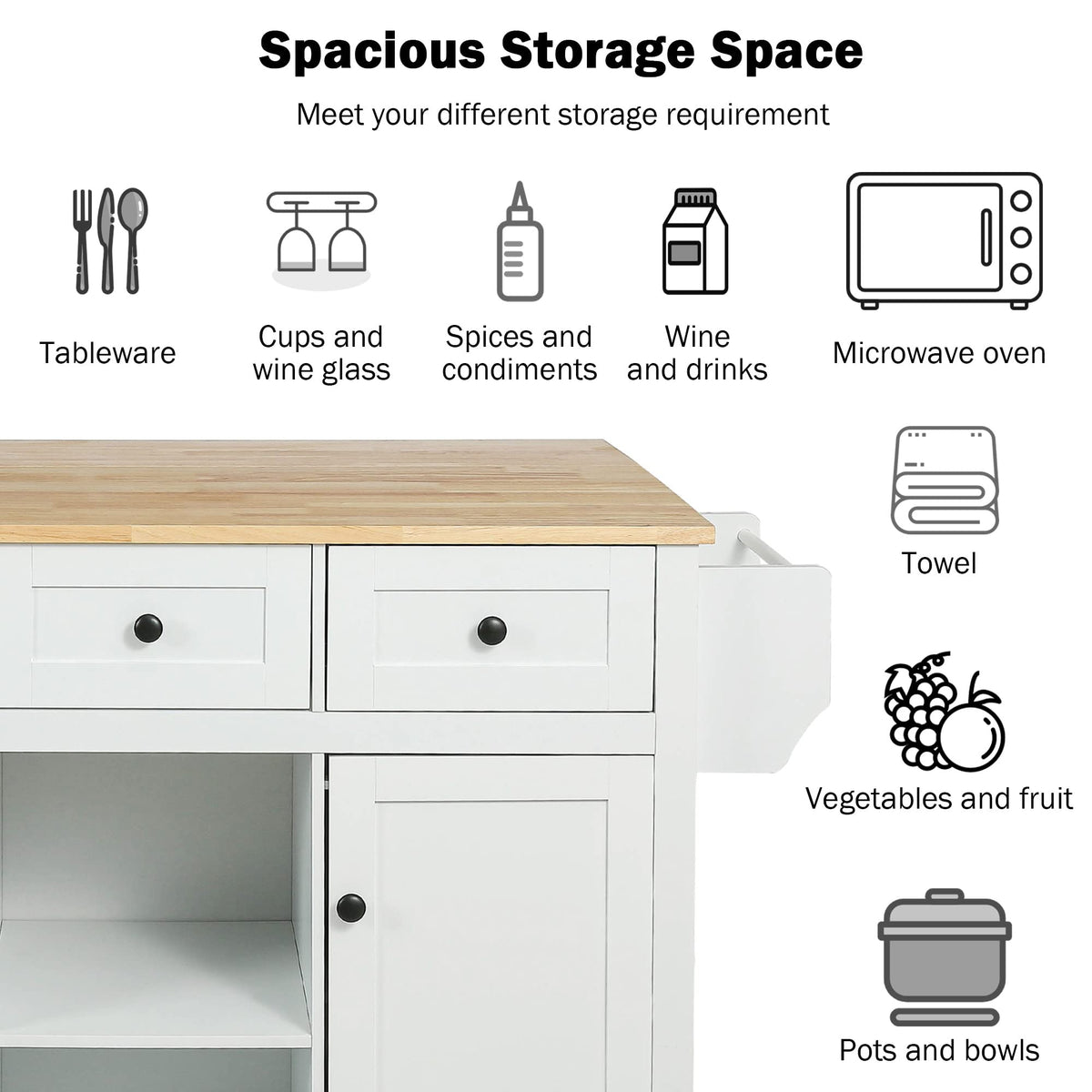 Large Kitchen Island with Rubber Wood Drop Leaf and Silver Handle