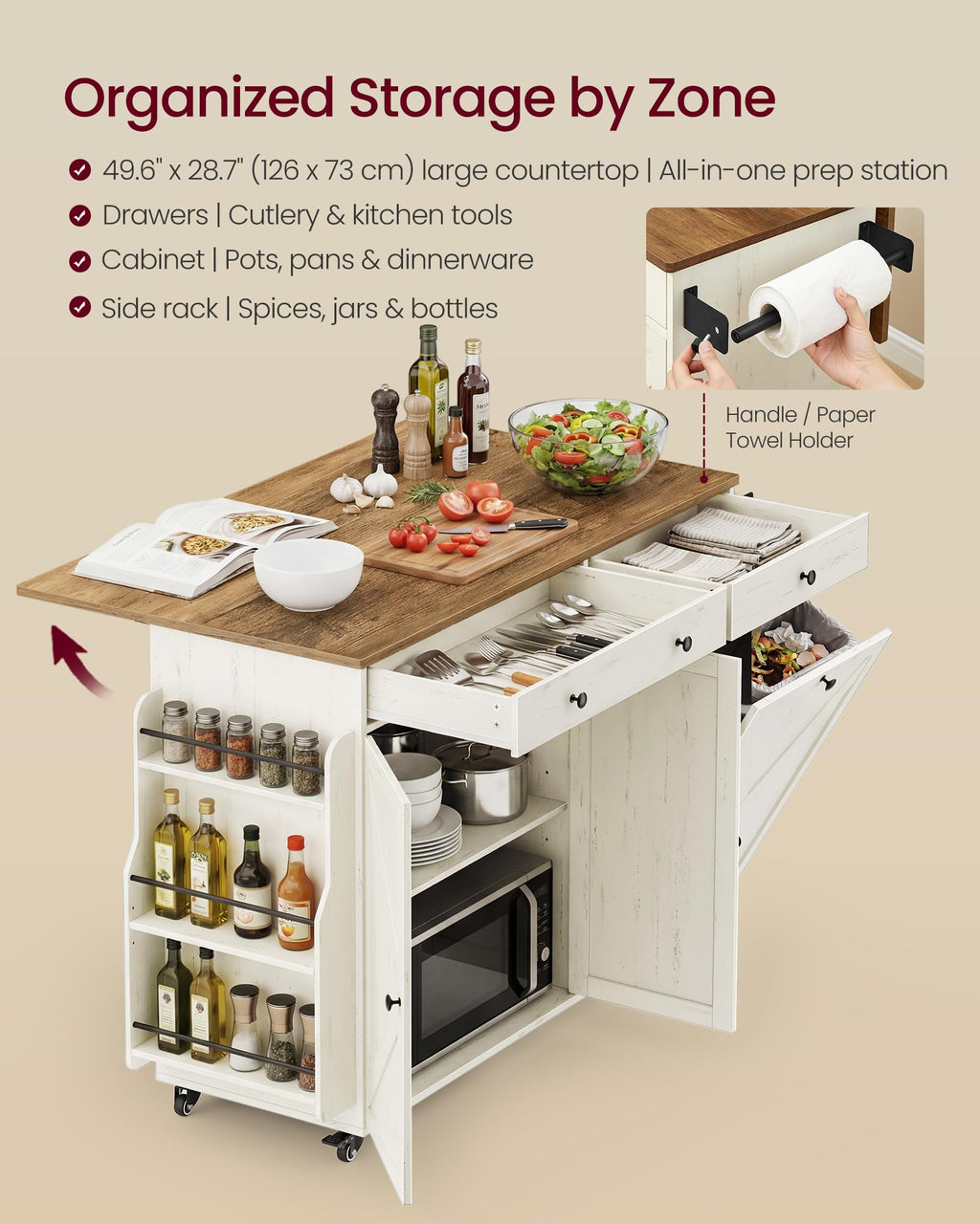 VASAGLE Mobile Kitchen Island with 2 Doors, 2 Drawers