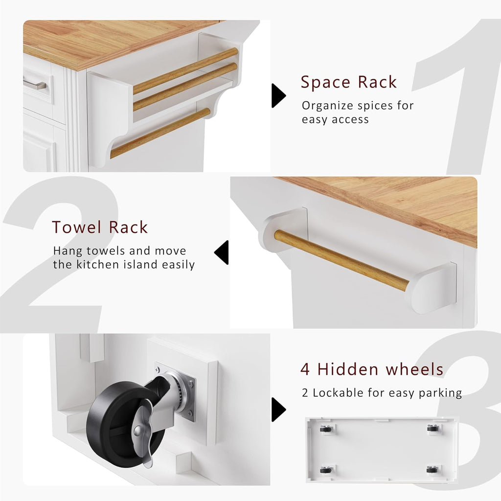 Merax 54" Large Kitchen Cart Island on Wheels with Drop Leaf,Adjustable Shelves,3 Drawers,Embossed Texture Design for Dining Room