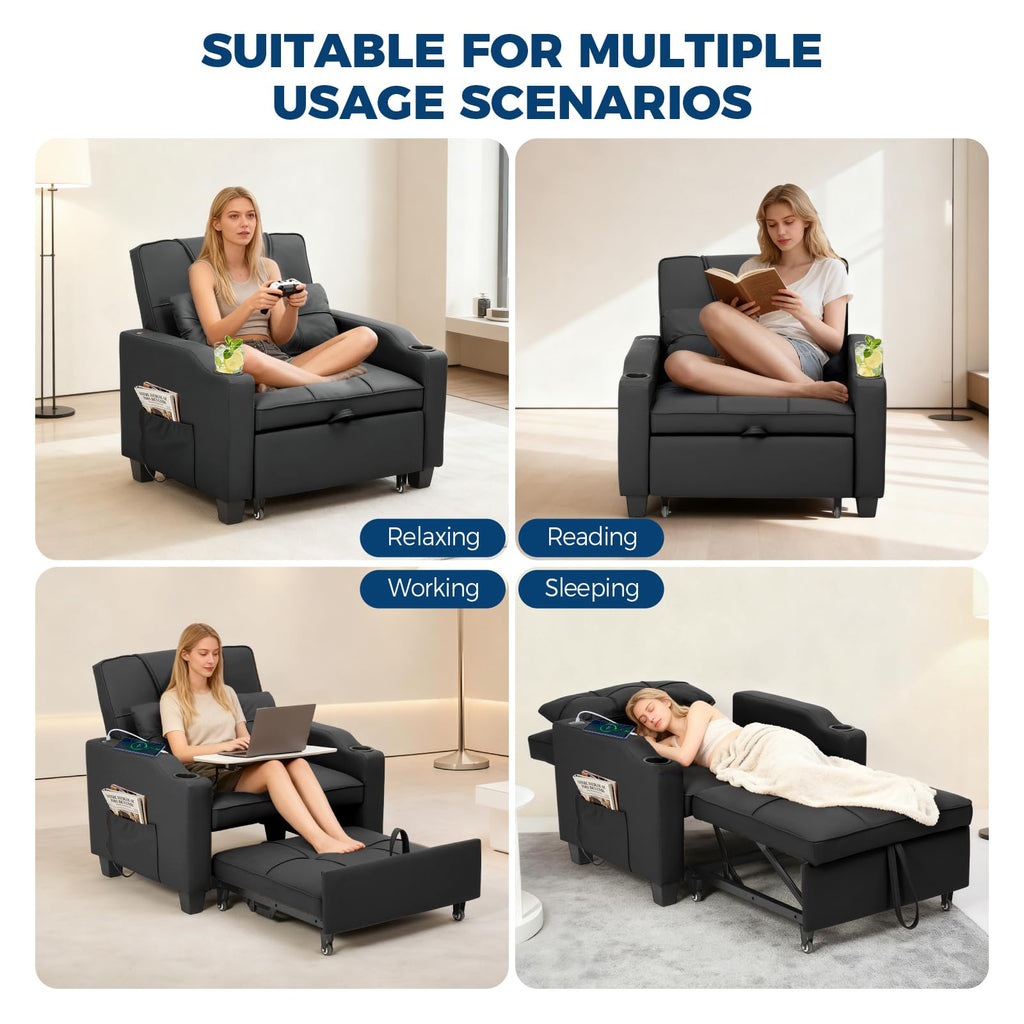 Sleeper Chair Pull Out Bed, 4 in 1 Convertible Sofa Chair Bed with Vibration Massage Lumbar Pillow, Single Sofa Recliner with USB/Type-C Port, Cup Holders and Side Pocket for Small Spaces (Black)