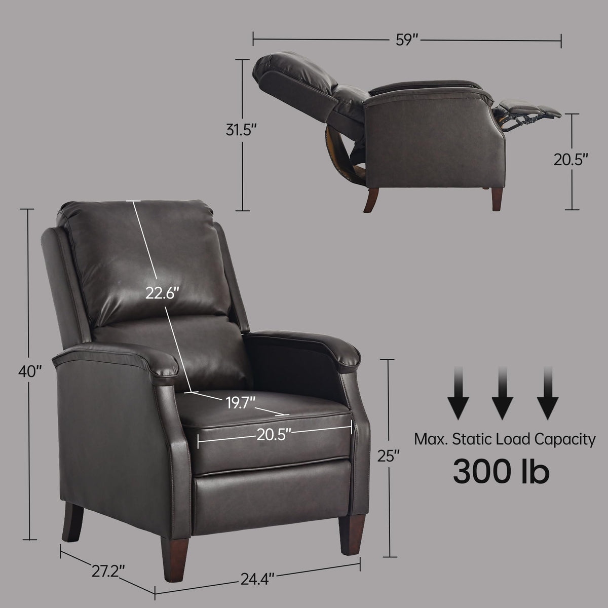 VKNOW Recliner Chair, Fabric Recliner with Adjustable Back, Brown