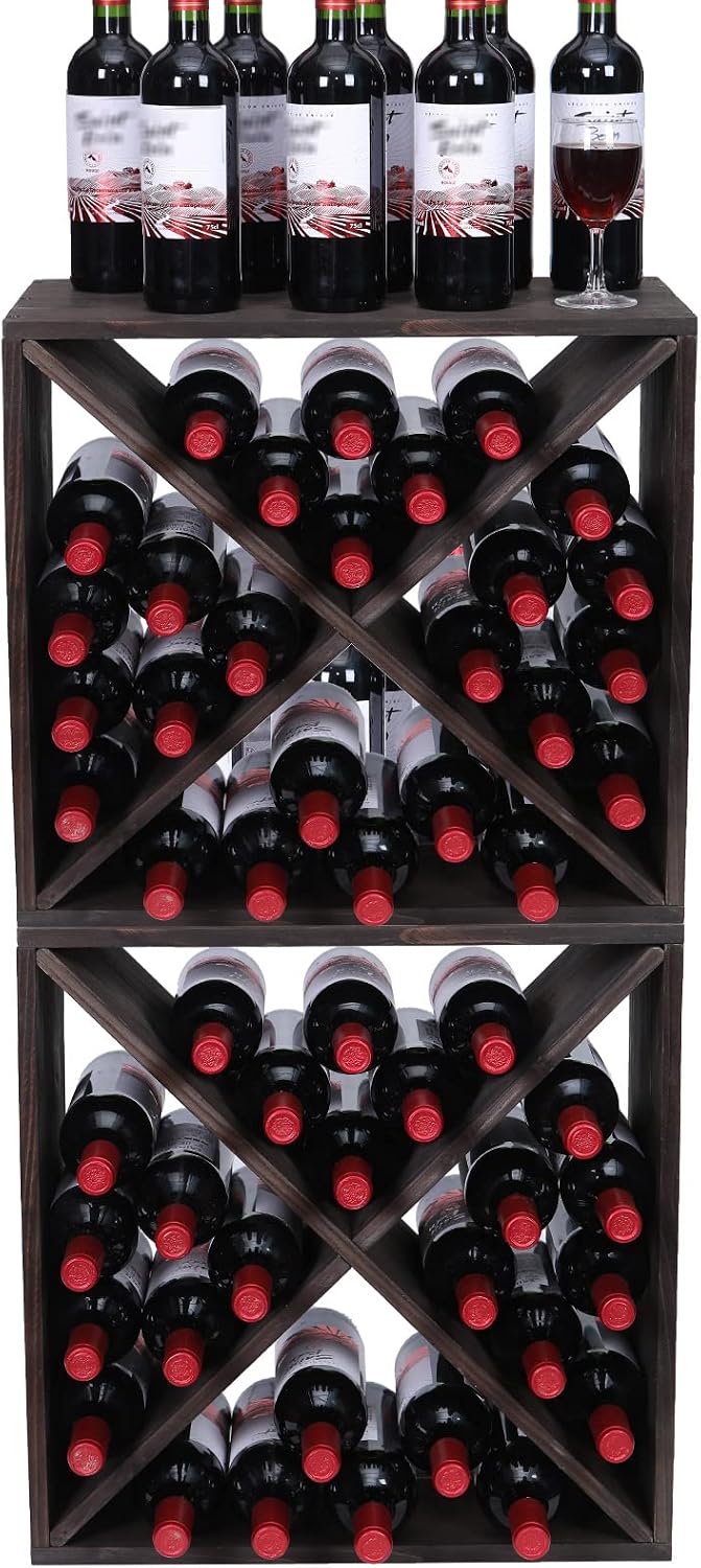 Wine Racks countertop Solid Wood Stackable Storage Rustic Retro Cube 48-Bottle Wooden Wine Rack Wine Cabinet(48BottleBlack)