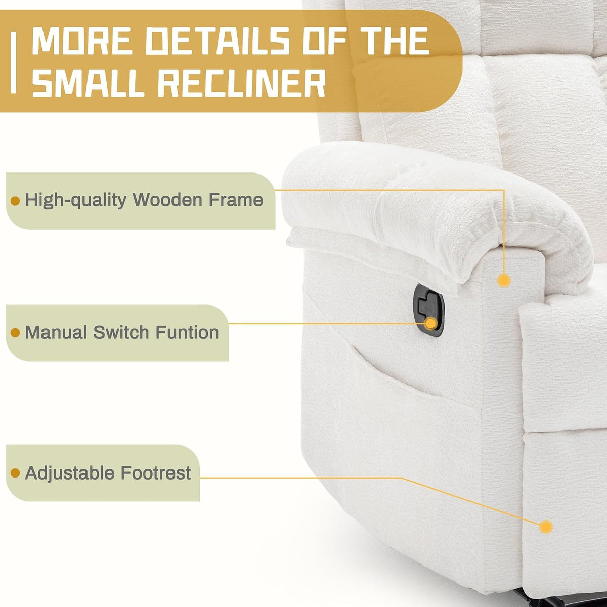 Korser Recliner Chair, Living Room Recliner Chairs for Adults, Small Recliners for Small Spaces, Upholstered Manual Recliner with Side Pockets, Comfy Nursery Chair for Living Room, Chenille, Beige