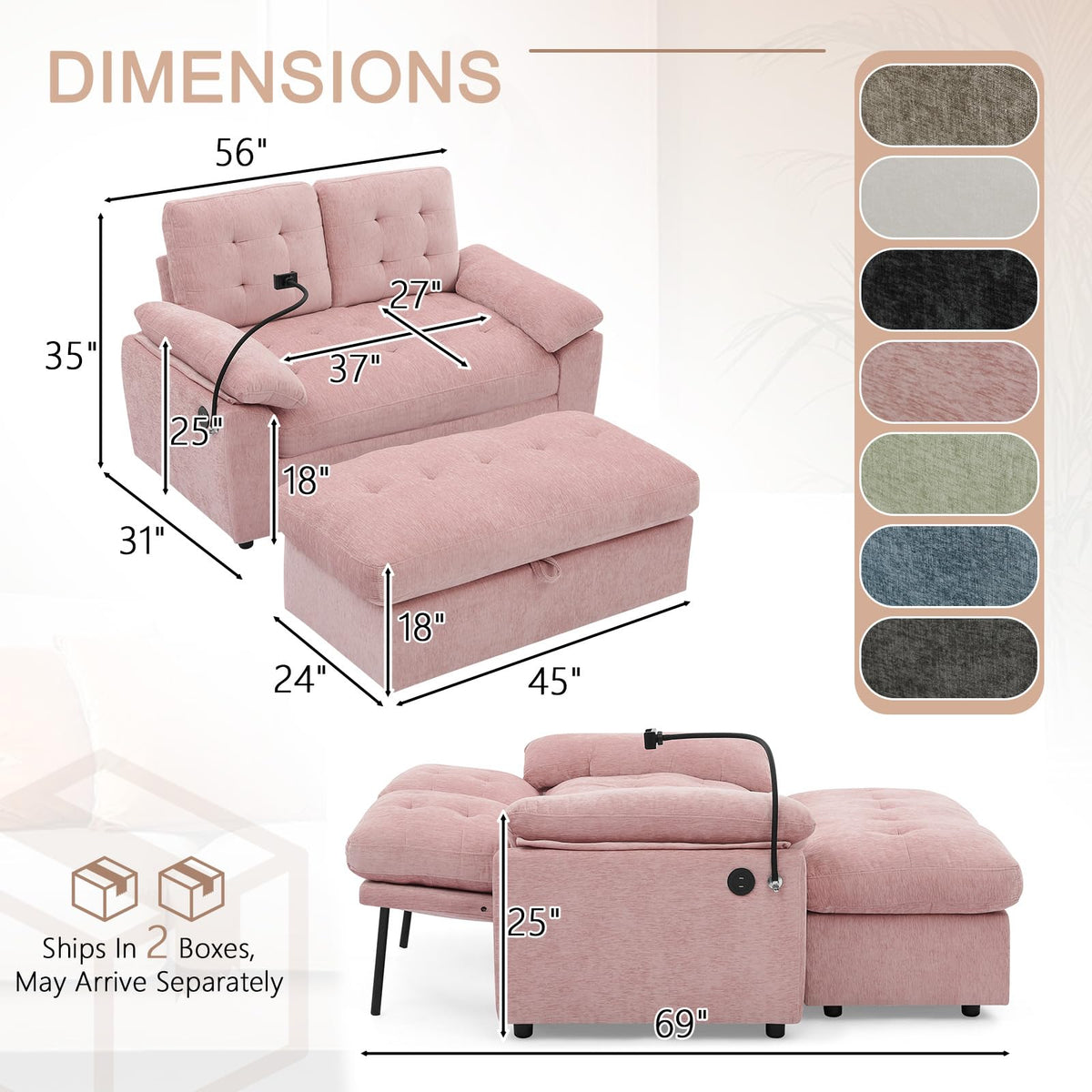 Oversized Chaise Lounge Chair Indoor, Single Convertible Recliner Reading Arm Sofa Chair W/Adjustable Backrest & Charging Port Couch Bed for Living Room, Home Theater & Bedroom, Brown