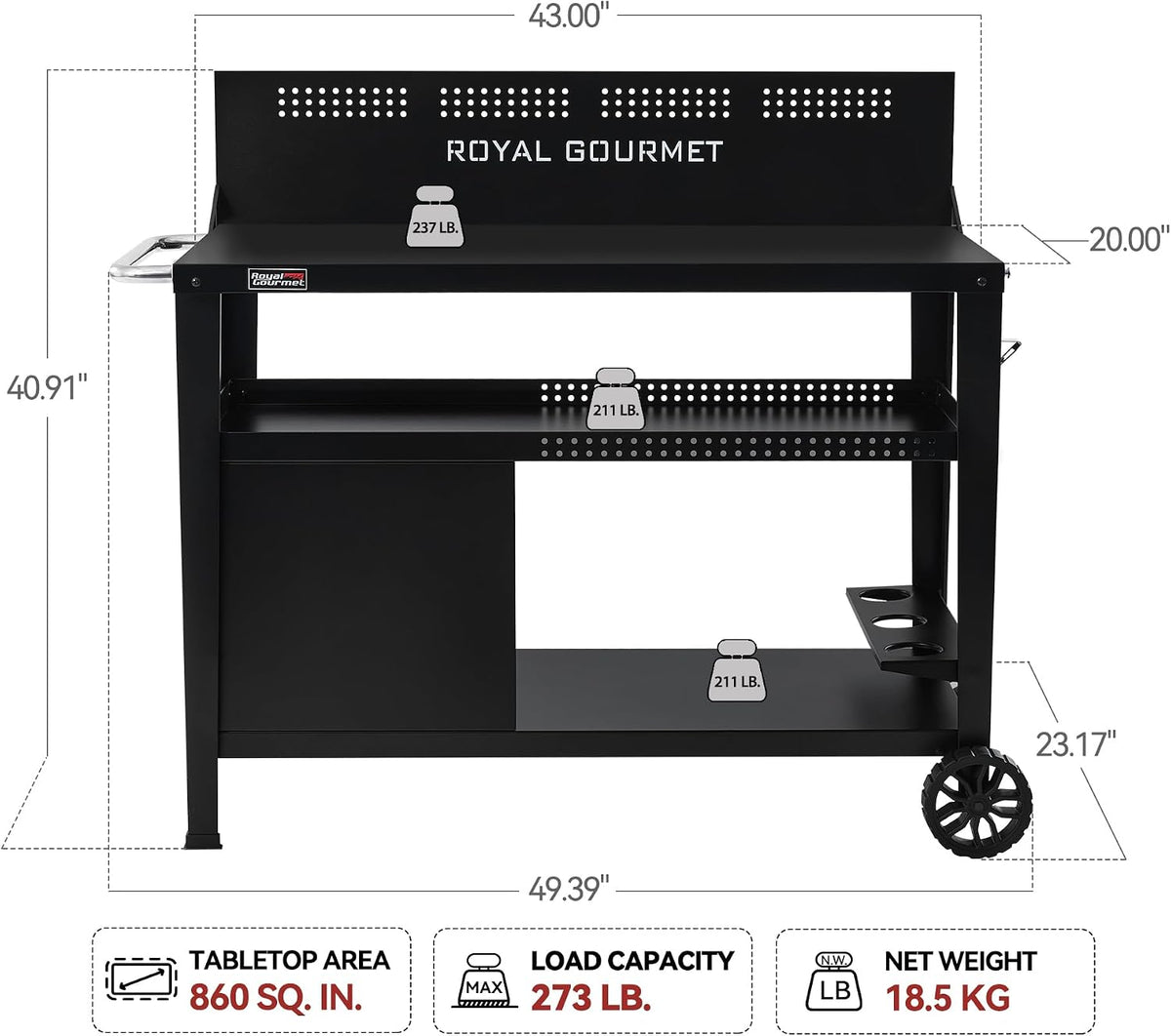 Royal Gourmet PC4401B 3-Tier Dining Cart with Wind Guard, Black