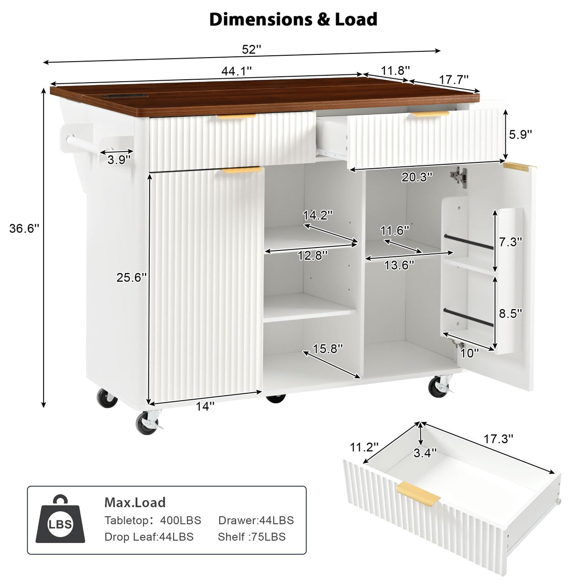 Large Fluted Kitchen Island Cart on Wheels with Storage, Natural