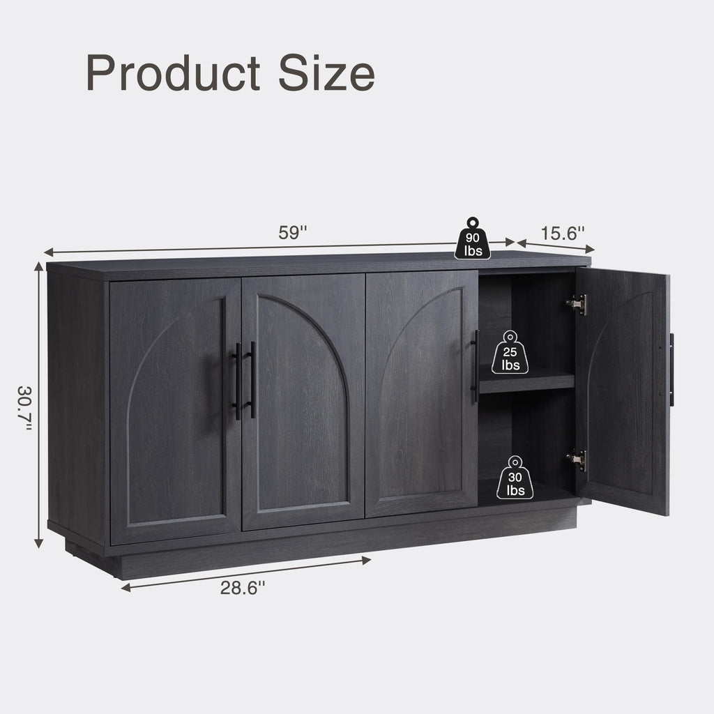 Fatmok 79" Tall Arched Pantry Cabinet with LED Light & Charging Station, Modern Coffee Bar Liquor Cabinet with Wine Rack & Glass Holder, Kitchen Storage Cabinet with Adjustable Shelves, Black Grey