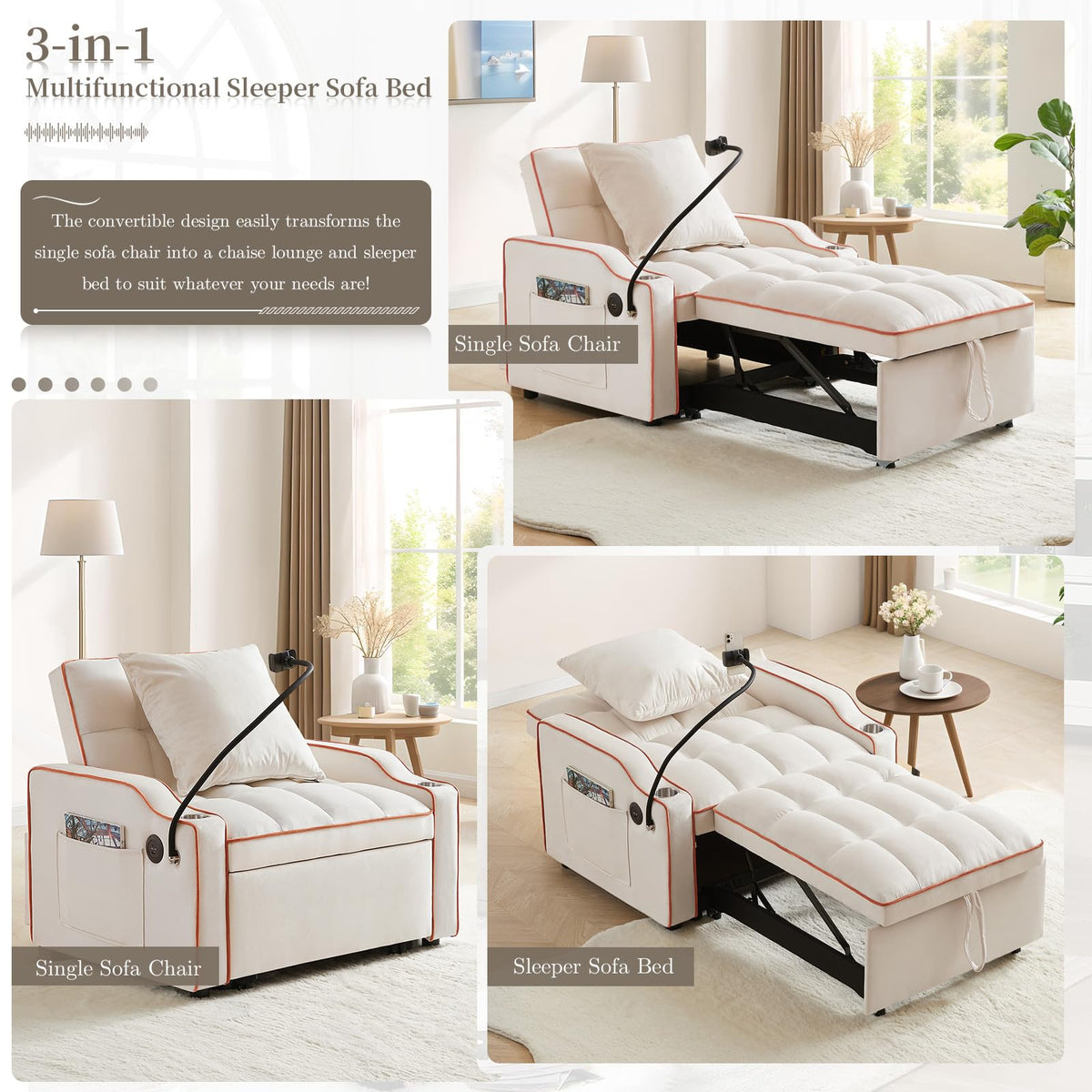 Convertible Single Sleeper Chair Bed,3 in 1 Velvet Futon Sleeper Sofa Bed with Phone Holder&USB Ports,Pull Out Couch Bed,Adjustable Recliner Armchair bed for Living Room,Office,Small Places(Grey)