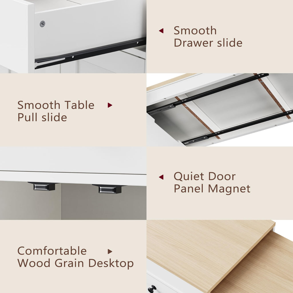 Ball & Cast Kitchen Island with Extendable Dining Table and Power Outlet,82.7" Rolling Kitchen Cart W/ 2 Drawers & 2 Side Open Shelves,Kitchen Table W/Double-Sized Storage,for Dining Room,White