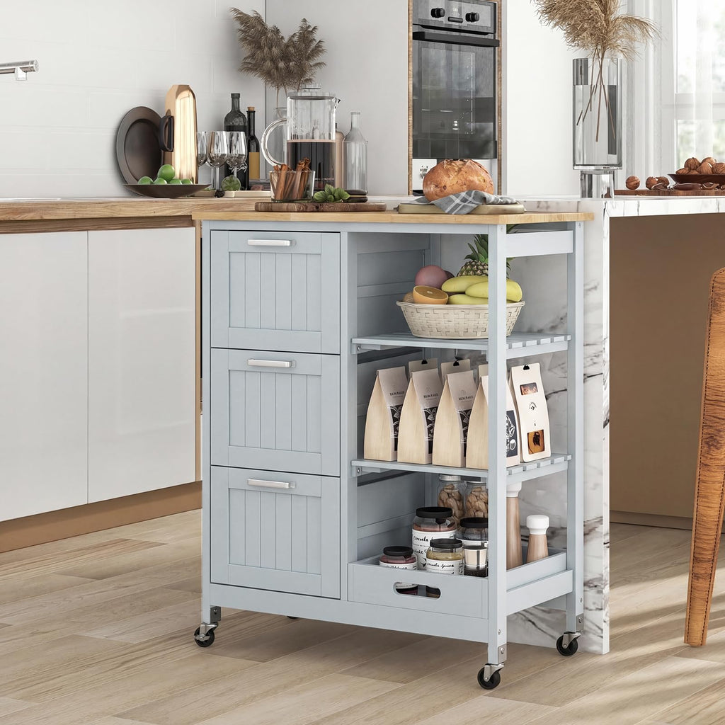 GIANTEX Kitchen Island Cart on Wheels, Rolling Utility Cart w/Rubber Wood Top, 3 Storage Drawers & 2 Removable Shelves & Removable Tray, Lockable Casters, Serving Cart for Dining Room, Bar, White